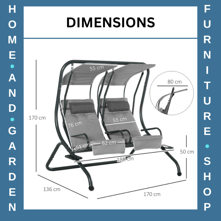 2 Seater Garden Swing Chair with Canopy and Handrails Lounger with Separate Seat