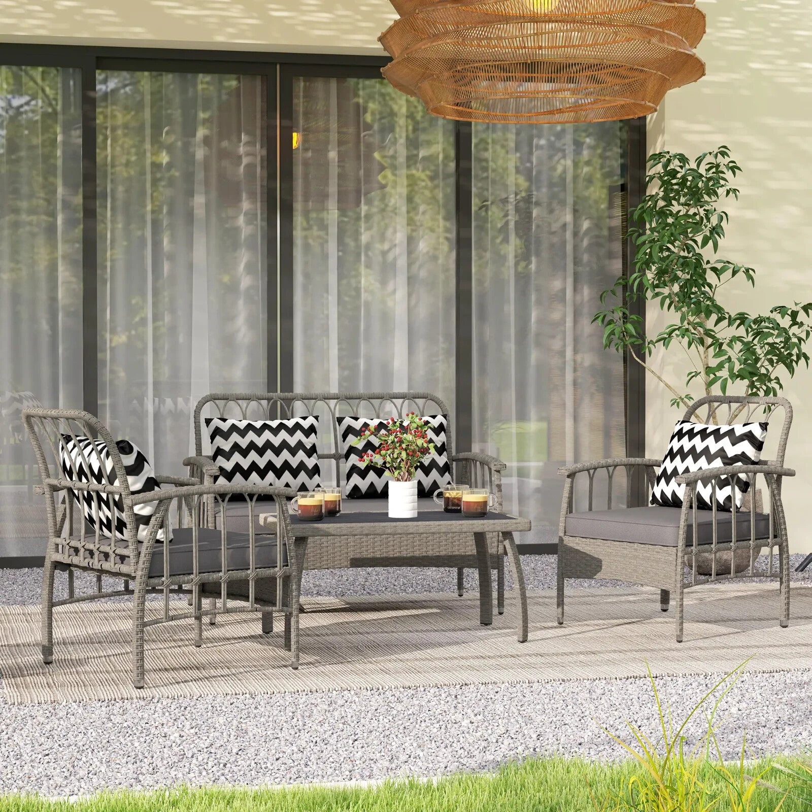 4 Piece Rattan Garden Furniture Set w/ Adjustable Back Loveseat & Outdoor Chairs