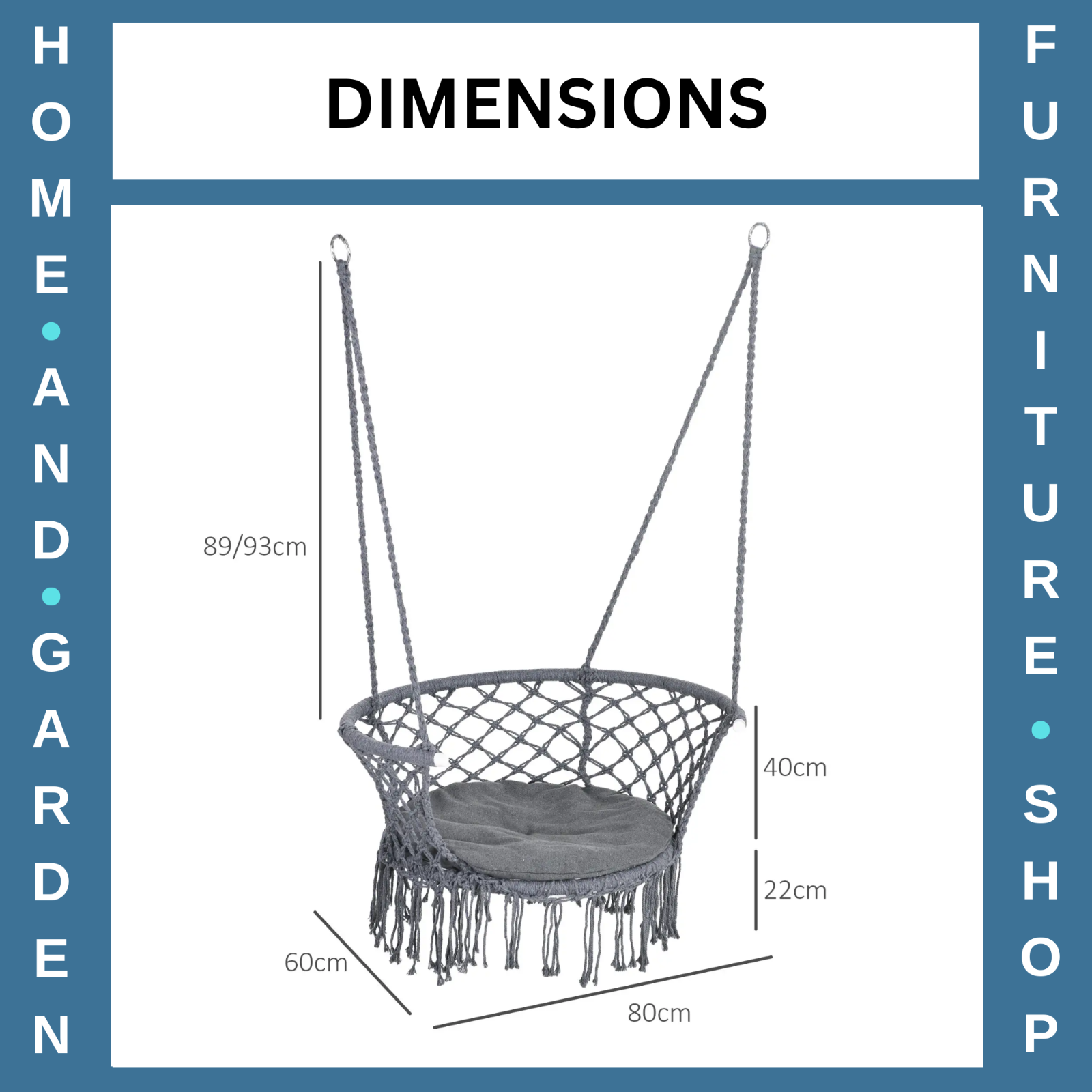 Hammock Hanging Chair Macrame Seat with Cotton Rope & Paddad Cushion Dark Grey
