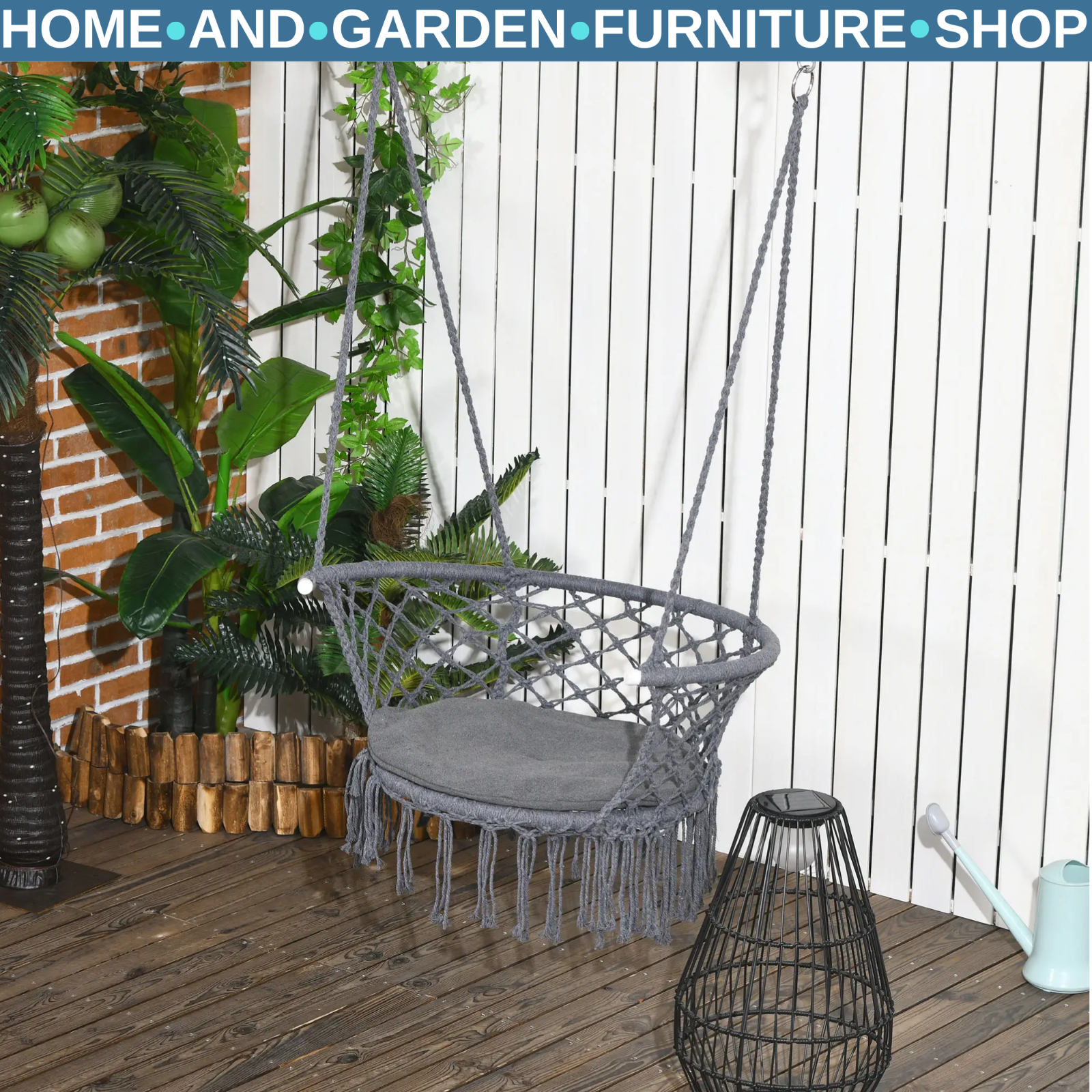 Hammock Hanging Chair Macrame Seat with Cotton Rope & Paddad Cushion Dark Grey