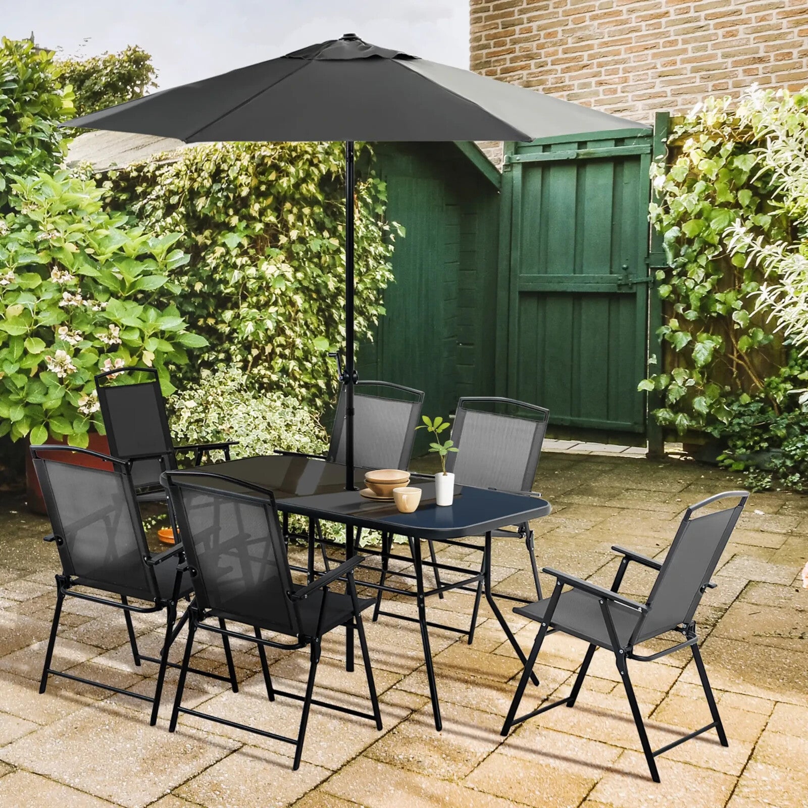 8 Pcs Metal Garden Furniture Set with Parasol Folding Chairs and 6 Seater Table