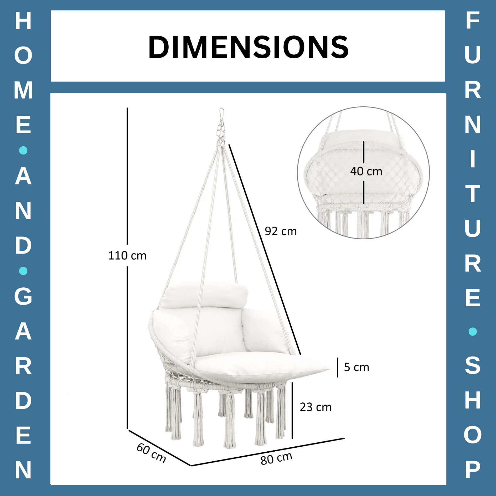 Hammock Hanging Chair Rope Swing with Padded Cushion & Adjustable Chain Cream