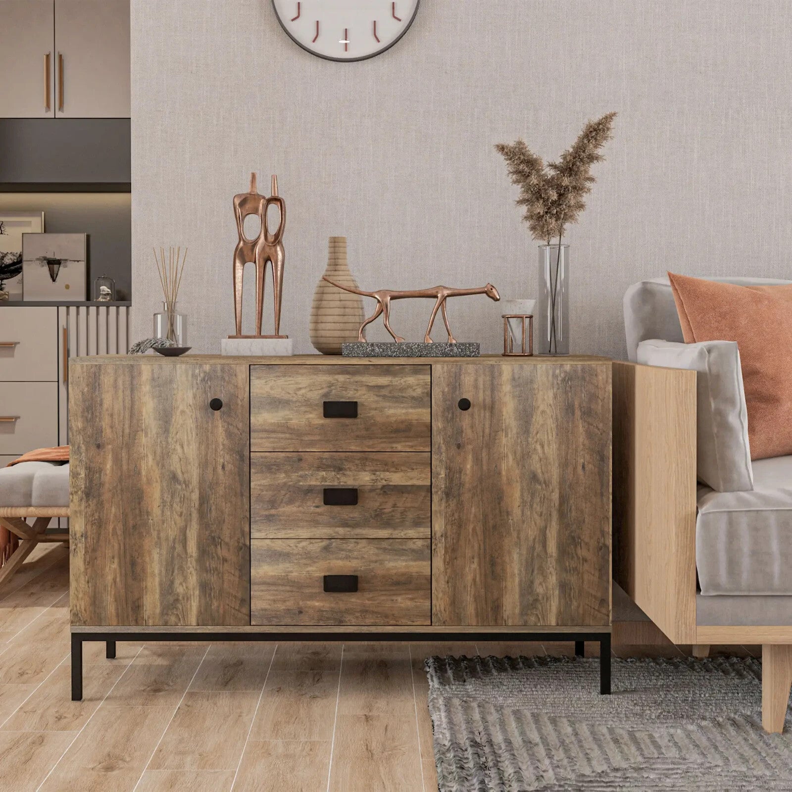 Large Industrial Sideboard Storage Cabinet Vintage Cupboard Drawers Metal Legs