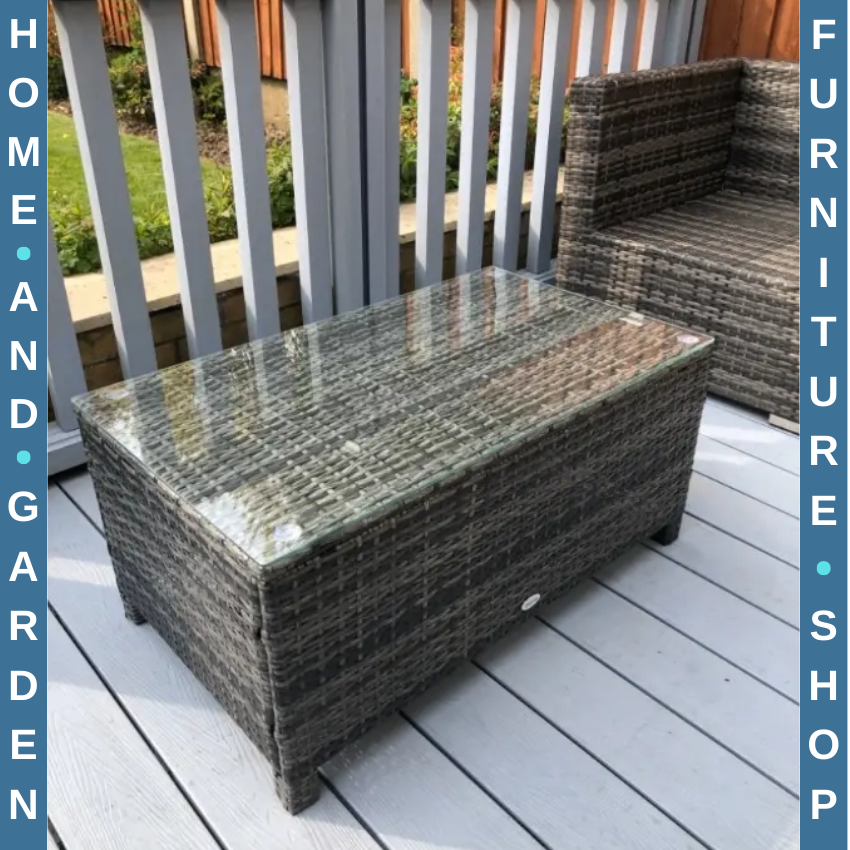 Rattan Garden Coffee Table with Tempered Glass Top Outdoor Patio Furniture Grey