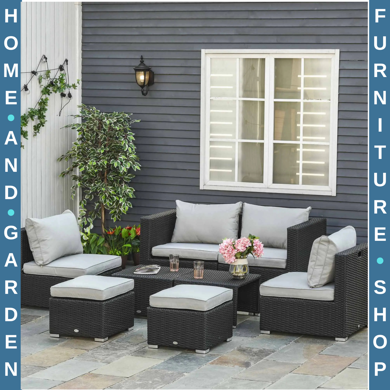 Large Outdoor Patio Furniture Black Garden Wicker Rattan Sofa Chair & Table Set