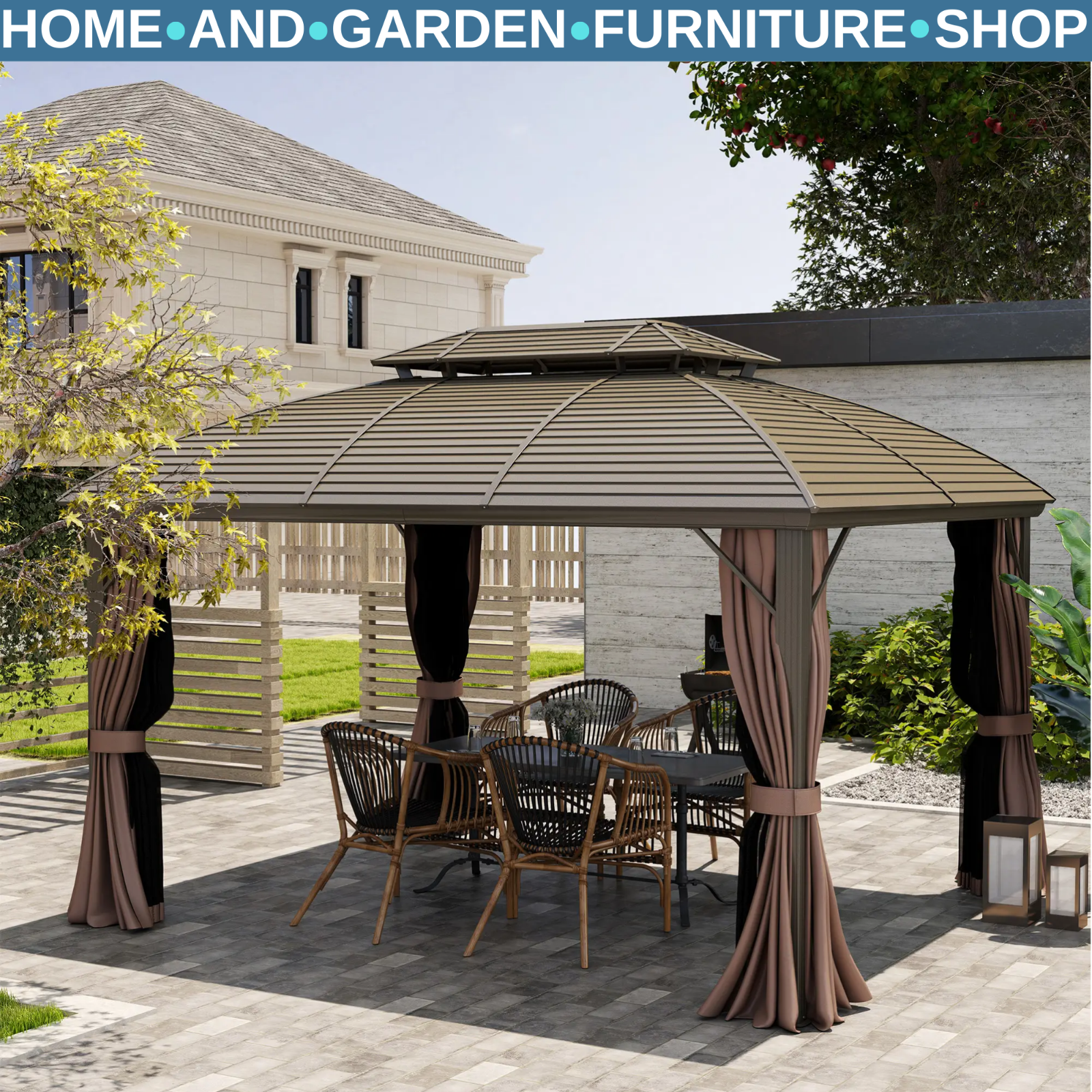 Heavy Duty Outdoor Metal Gazebo with Hardtop Double Roof Brown Sides 3.65 x 3m