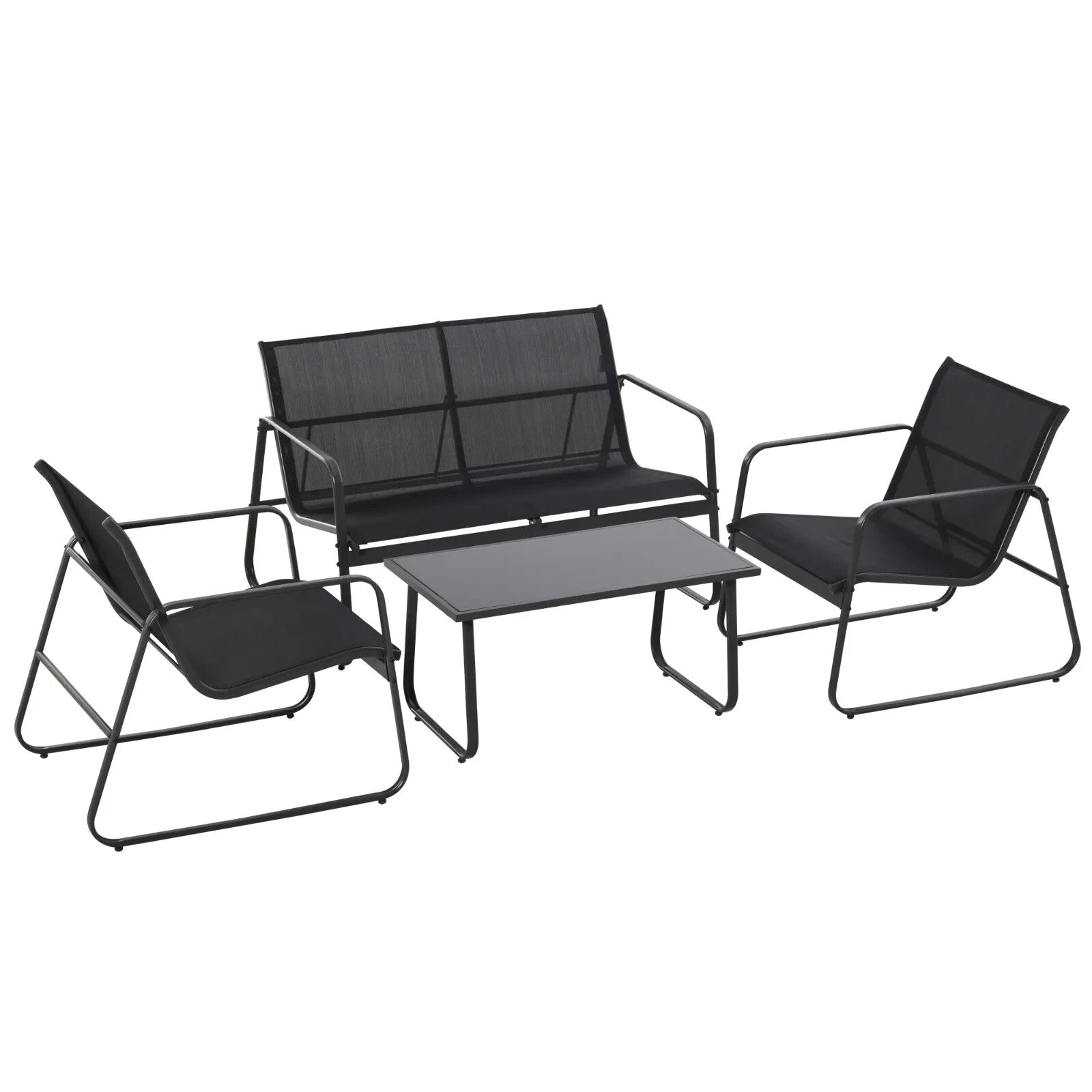 4 Piece Garden Furniture Set with Sofa Chairs & Glass Table Patio Seating Black