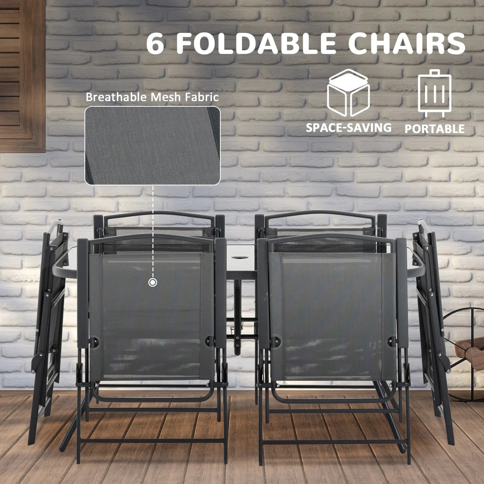 8 Pcs Metal Garden Furniture Set with Parasol Folding Chairs and 6 Seater Table