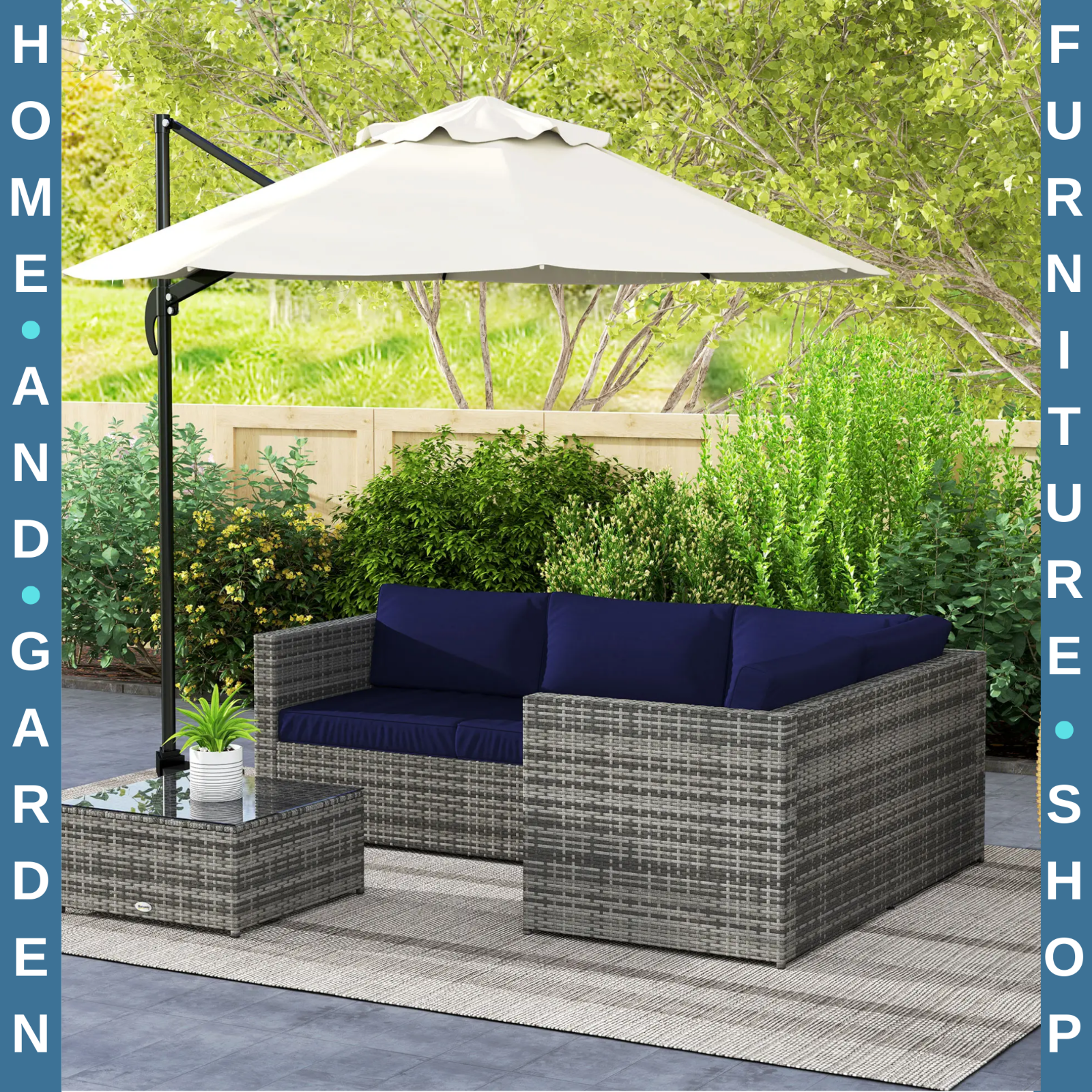 3 Piece Rattan Garden Furniture Set w/Cushion 4 Seater Corner Sofa & Glass Table