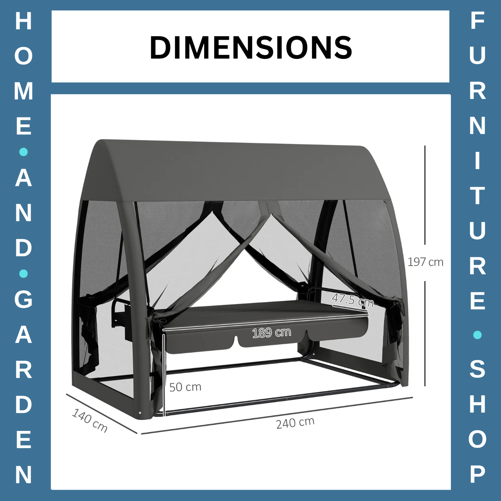 Hammock Swing Bench 3-Seater UV-Resistant Powder Coated with Mesh Canopy Grey