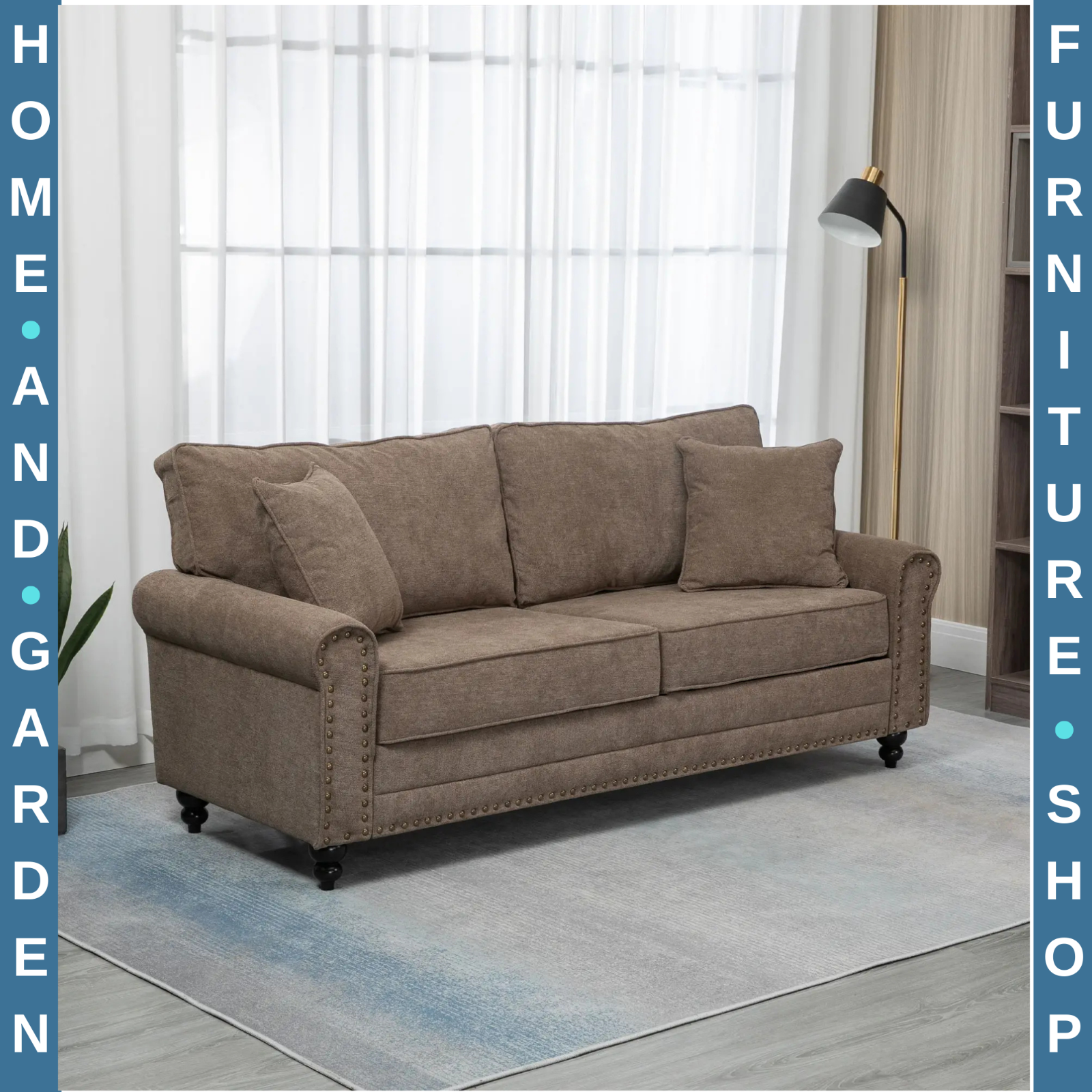 Brown 3 Seater Fabric Sofa for Living Room Settee Throw Pillow Thick Comfy Seats