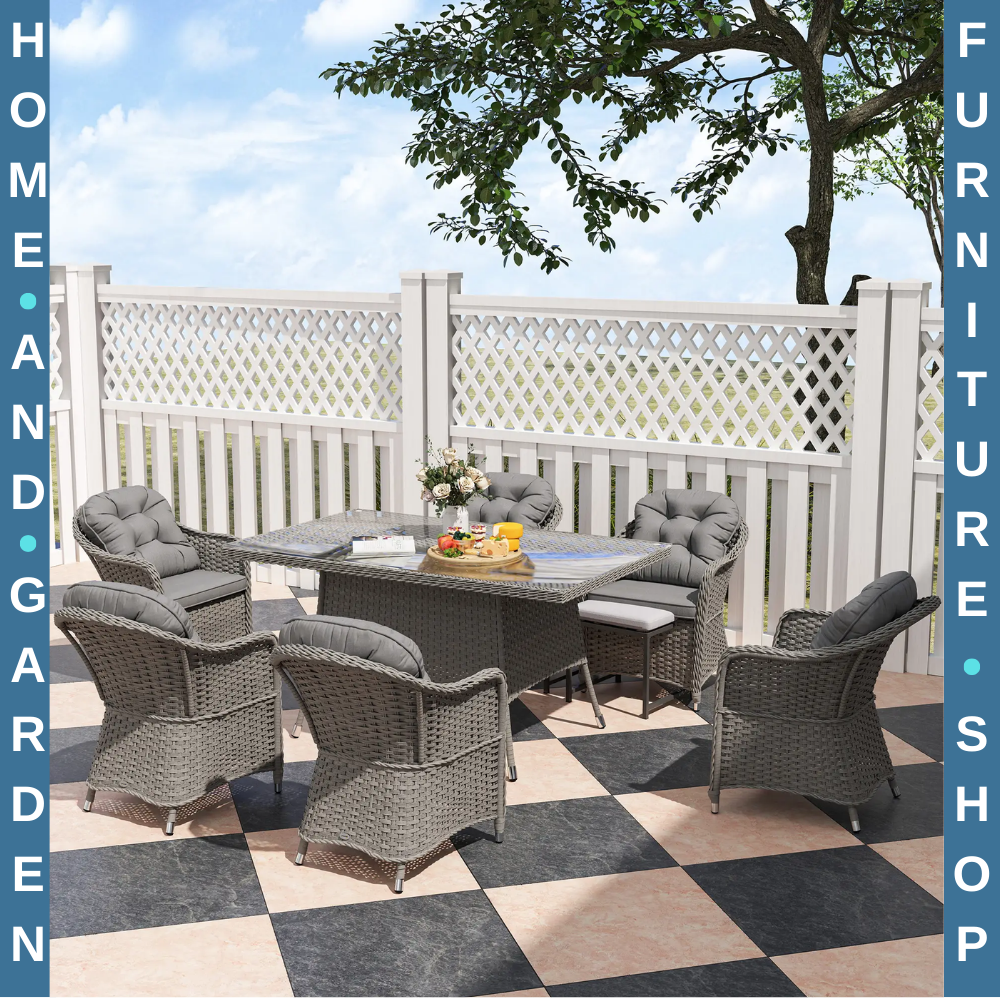 6 Seater Rattan Dining Set Outdoor Garden Furniture with Table and Back Cushions