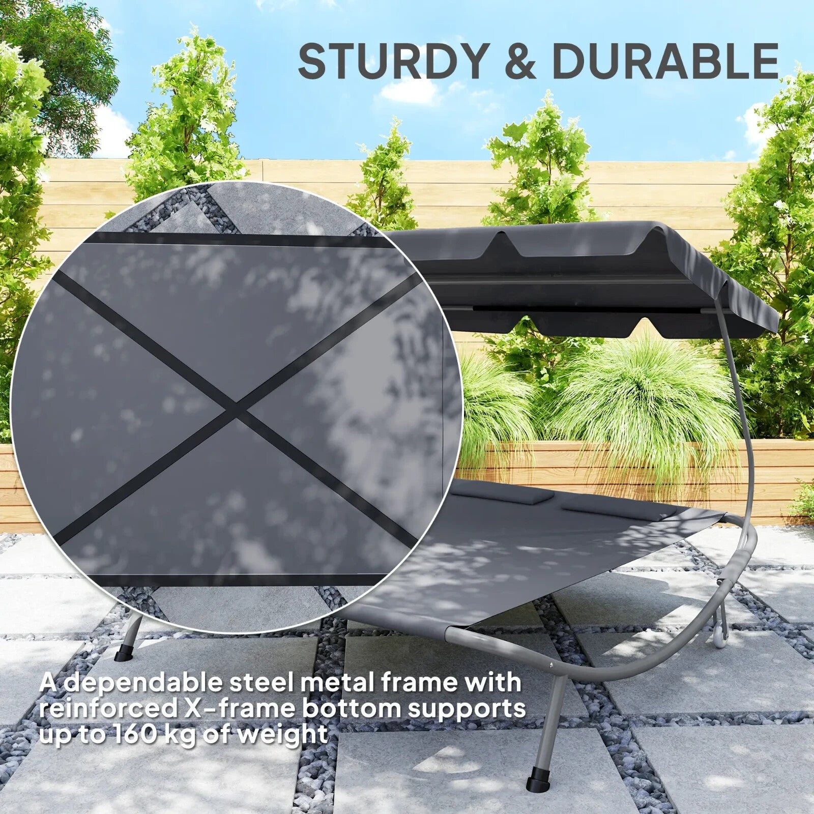 Hammock Sun Lounger 2-Seater w/ 2-Padded Pillows & Adjustable Canopy Light Grey