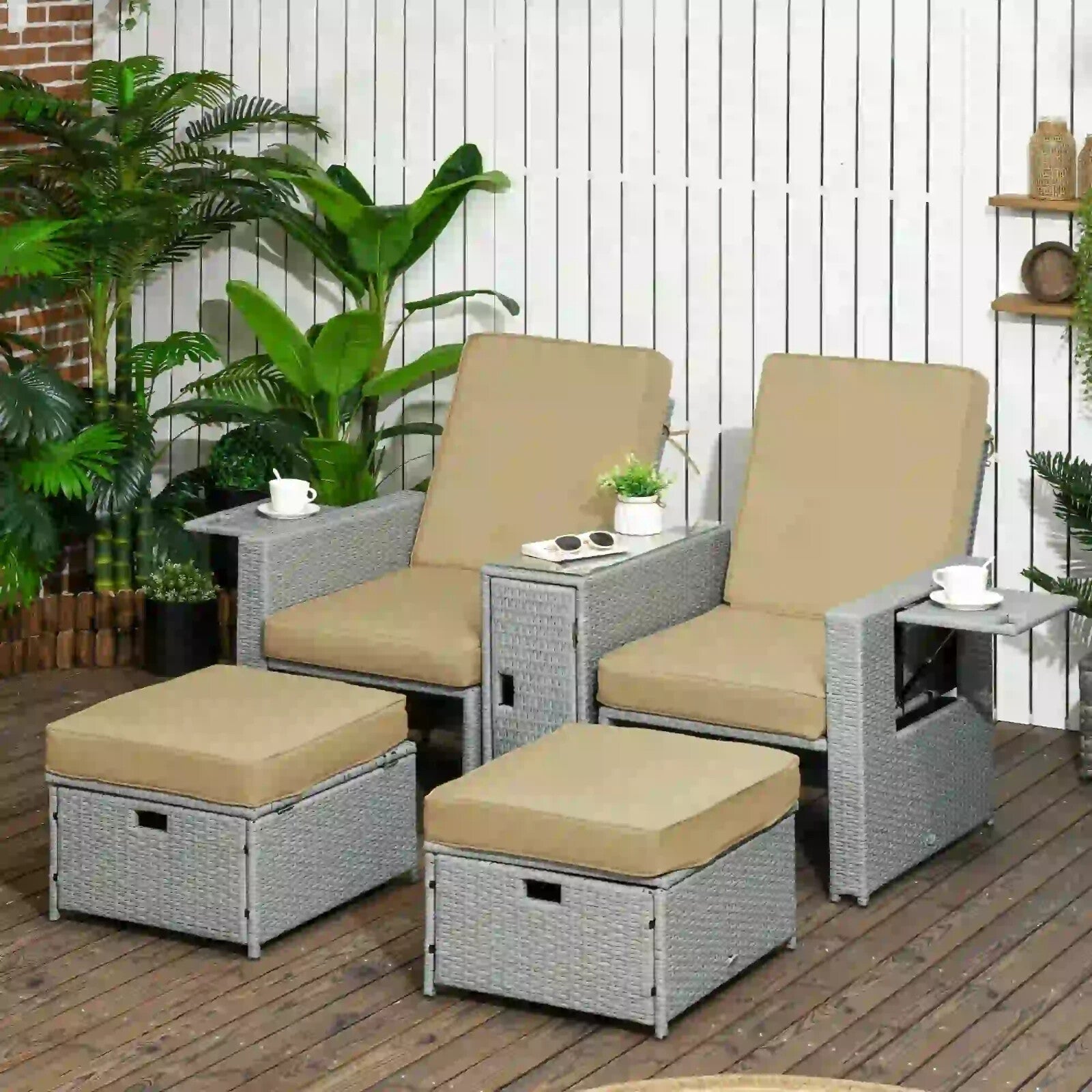 5pc PE Rattan Sun Lounger Recliner Set with Adjustable Backrest Storage & Table - Home and Garden Furniture Shop - rustic - furniture
