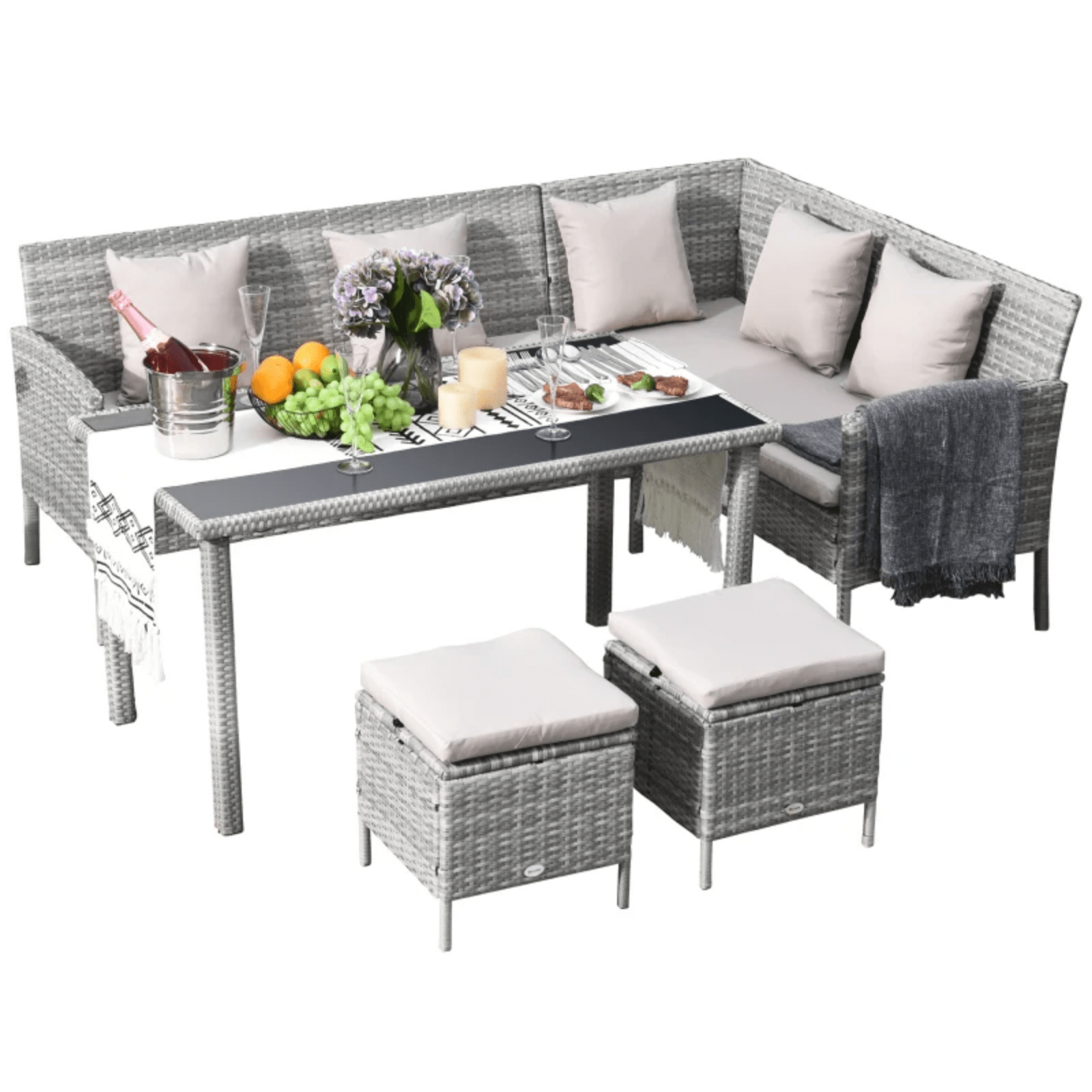 5Pcs Rattan Dining Set Corner Sofa Garden Furniture Set Coffee Table Footstool - Home and Garden Furniture Shop - #rustic - furniture#