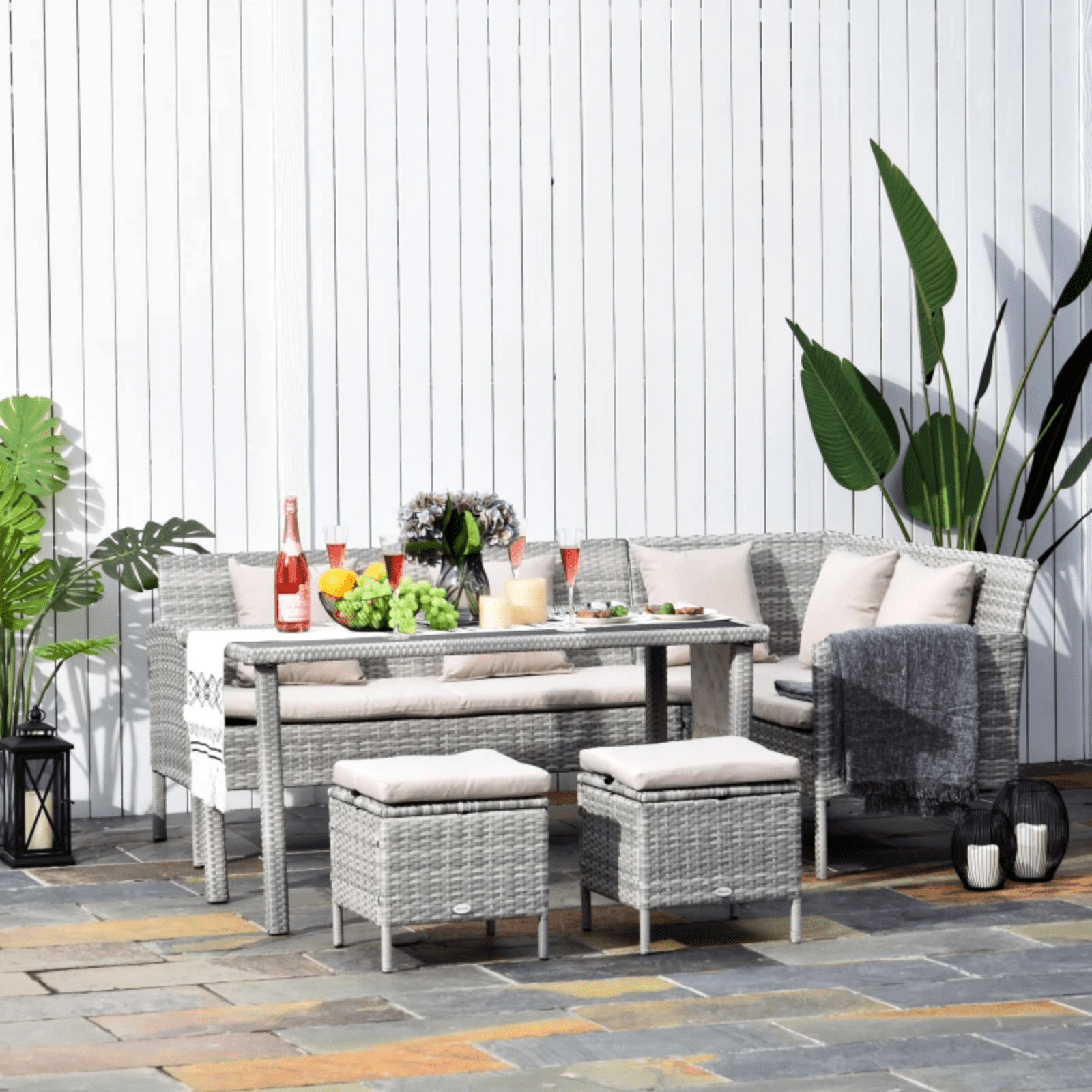 5Pcs Rattan Dining Set Corner Sofa Garden Furniture Set Coffee Table Footstool - Home and Garden Furniture Shop - #rustic - furniture#