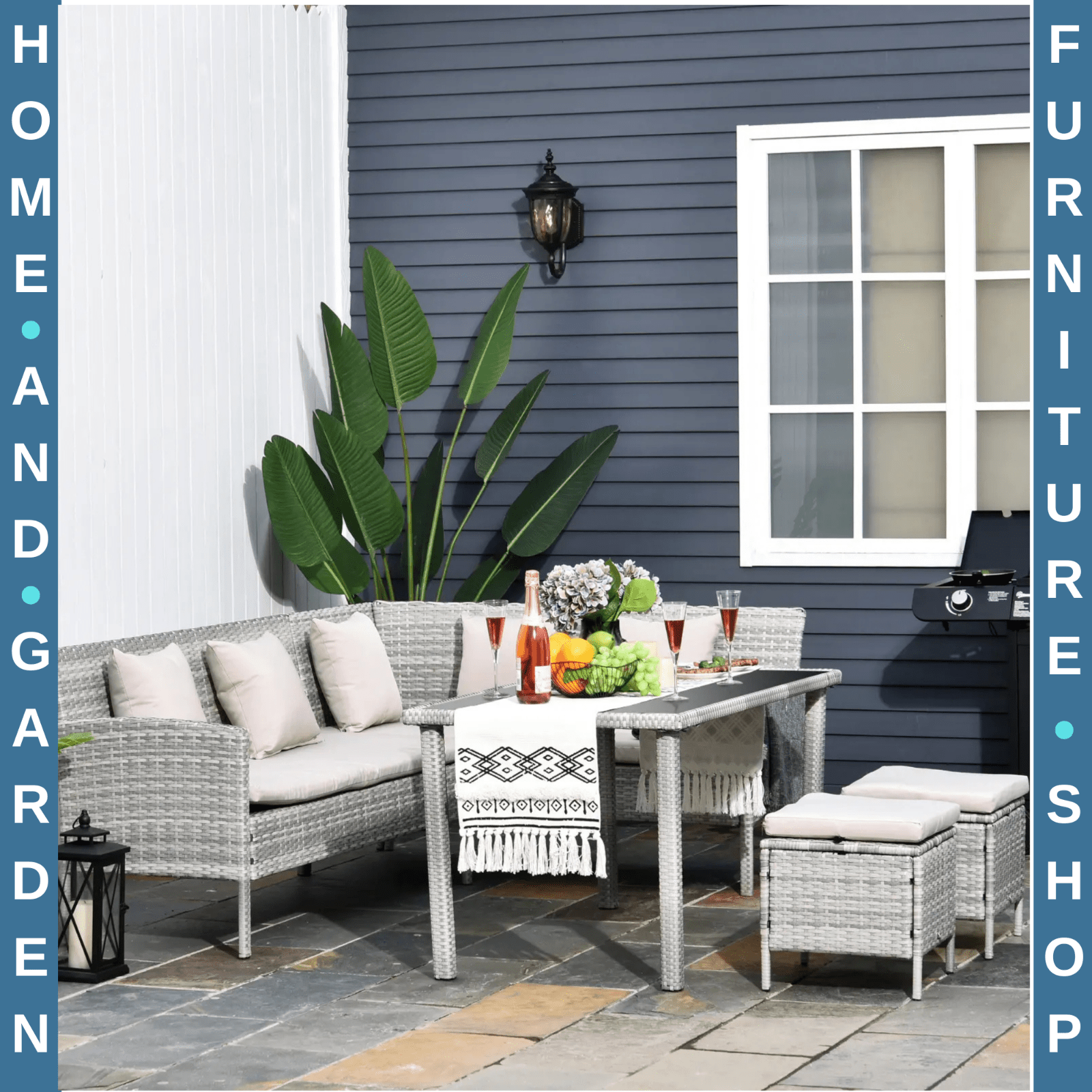 5Pcs Rattan Dining Set Corner Sofa Garden Furniture Set Coffee Table Footstool - Home and Garden Furniture Shop - rustic - furniture