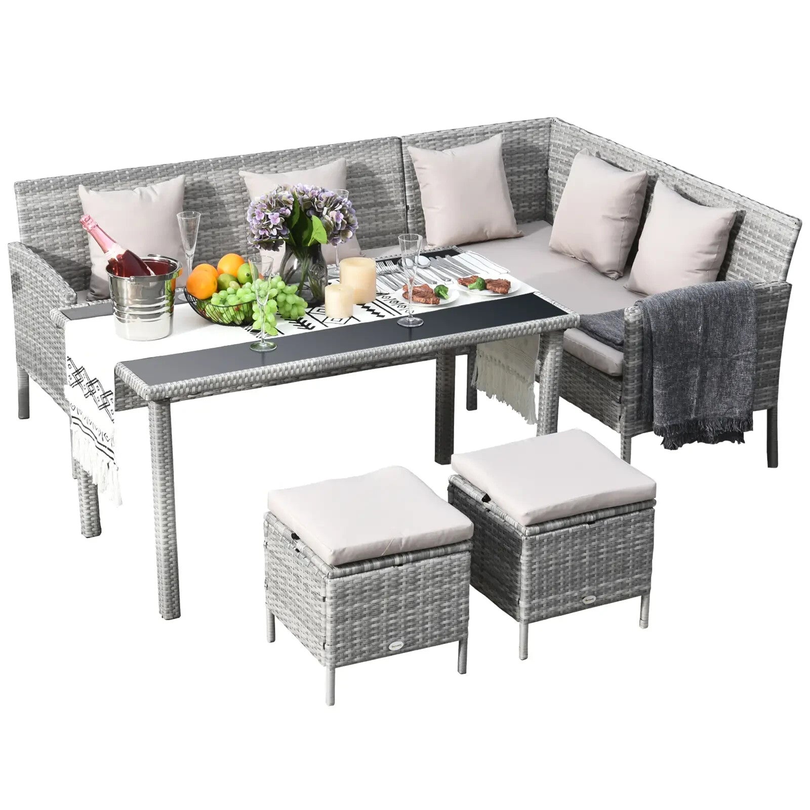 5Pcs Rattan Dining Set Corner Sofa Garden Furniture Set Coffee Table Footstool - Home and Garden Furniture Shop - rustic - furniture