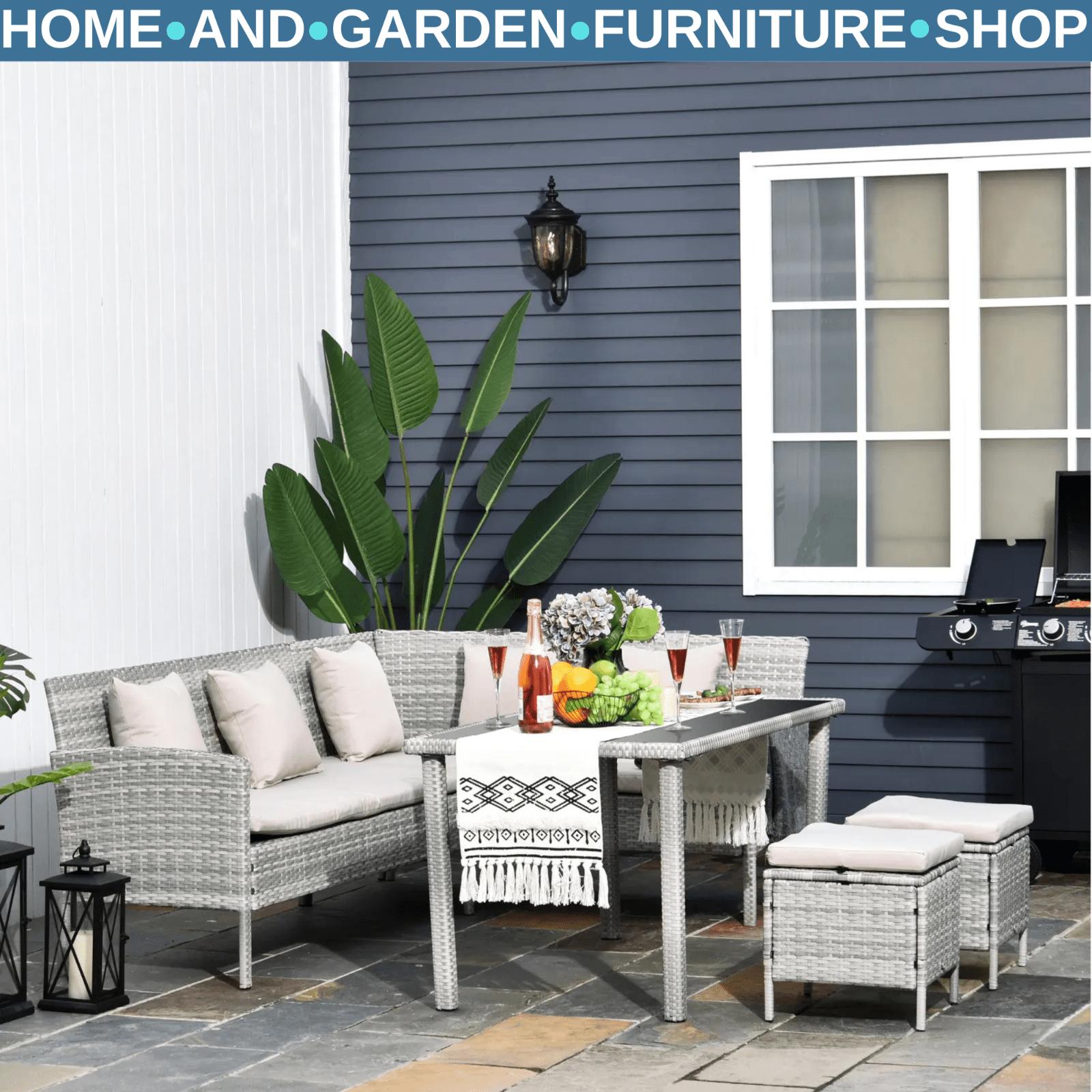 5Pcs Rattan Dining Set Corner Sofa Garden Furniture Set Coffee Table Footstool - Home and Garden Furniture Shop - rustic - furniture