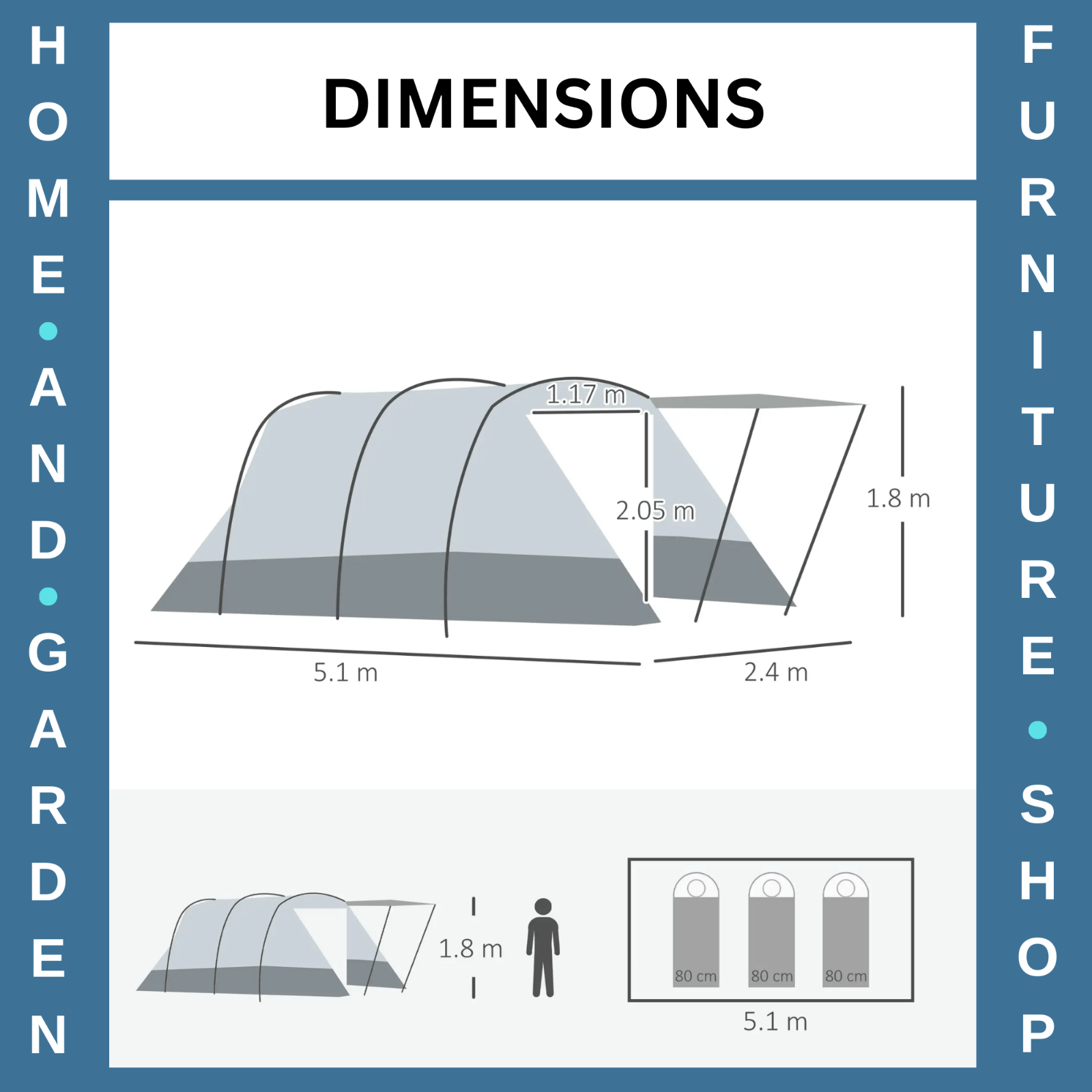 6 - 8 Person Tunnel Camping Tent with Bedroom Living Area 3 Doors and Carry Bag - Home and Garden Furniture Shop - rustic - furniture