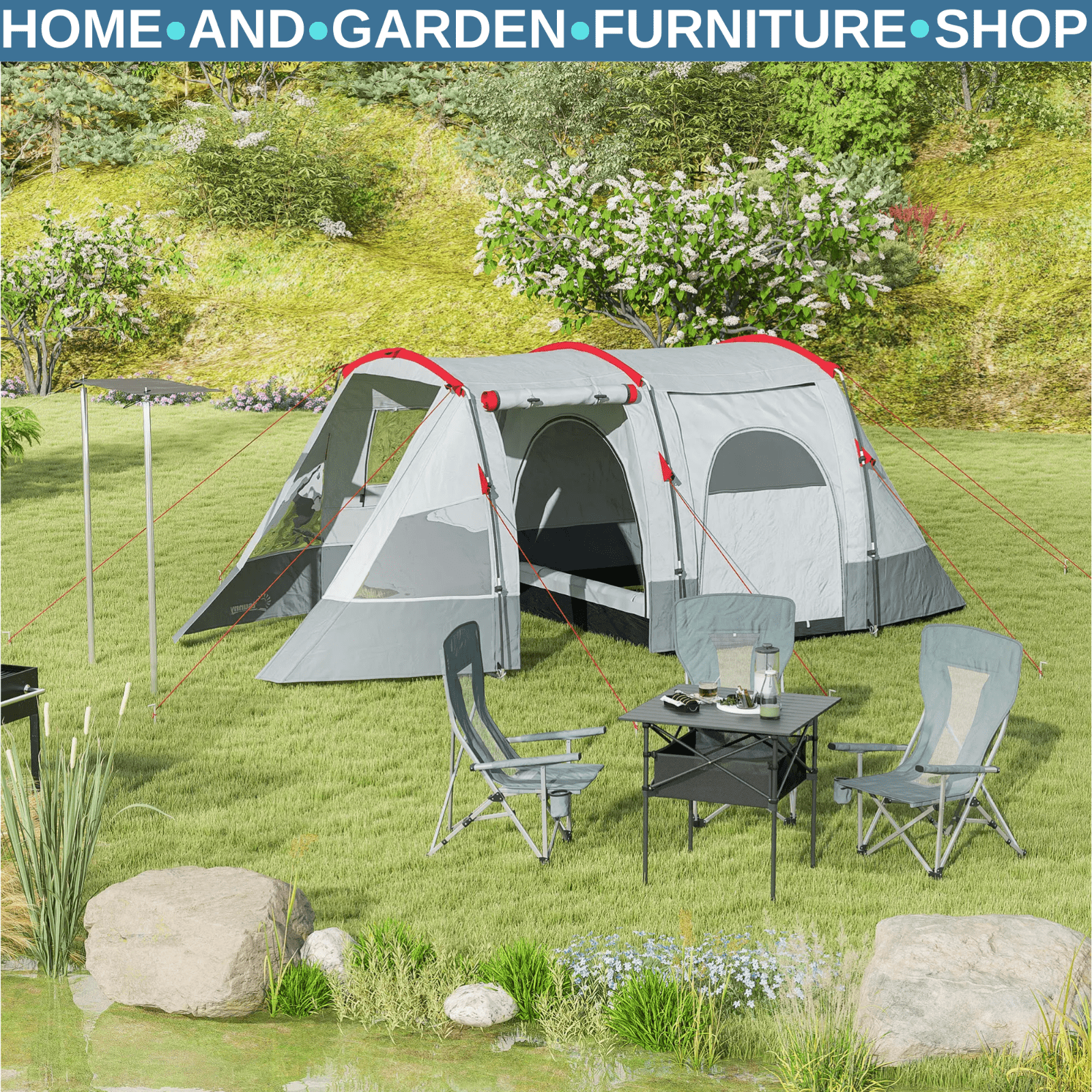 6 - 8 Person Tunnel Camping Tent with Bedroom Living Area 3 Doors and Carry Bag - Home and Garden Furniture Shop - rustic - furniture