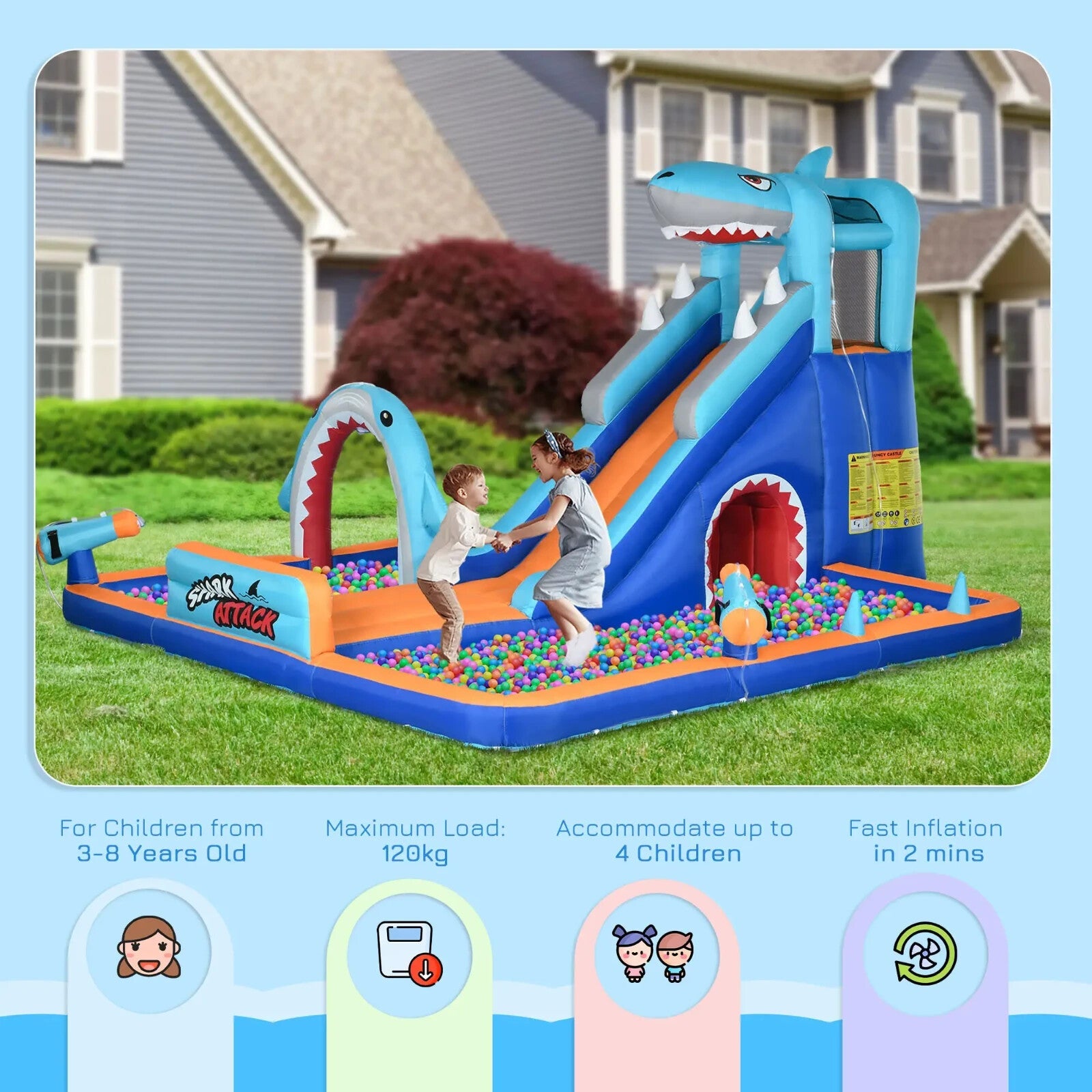 6 in 1 Shark Themed Bouncy Castle Inflatable Water Park with Slide Pool Ages 3–8 - Home and Garden Furniture Shop - rustic - furniture