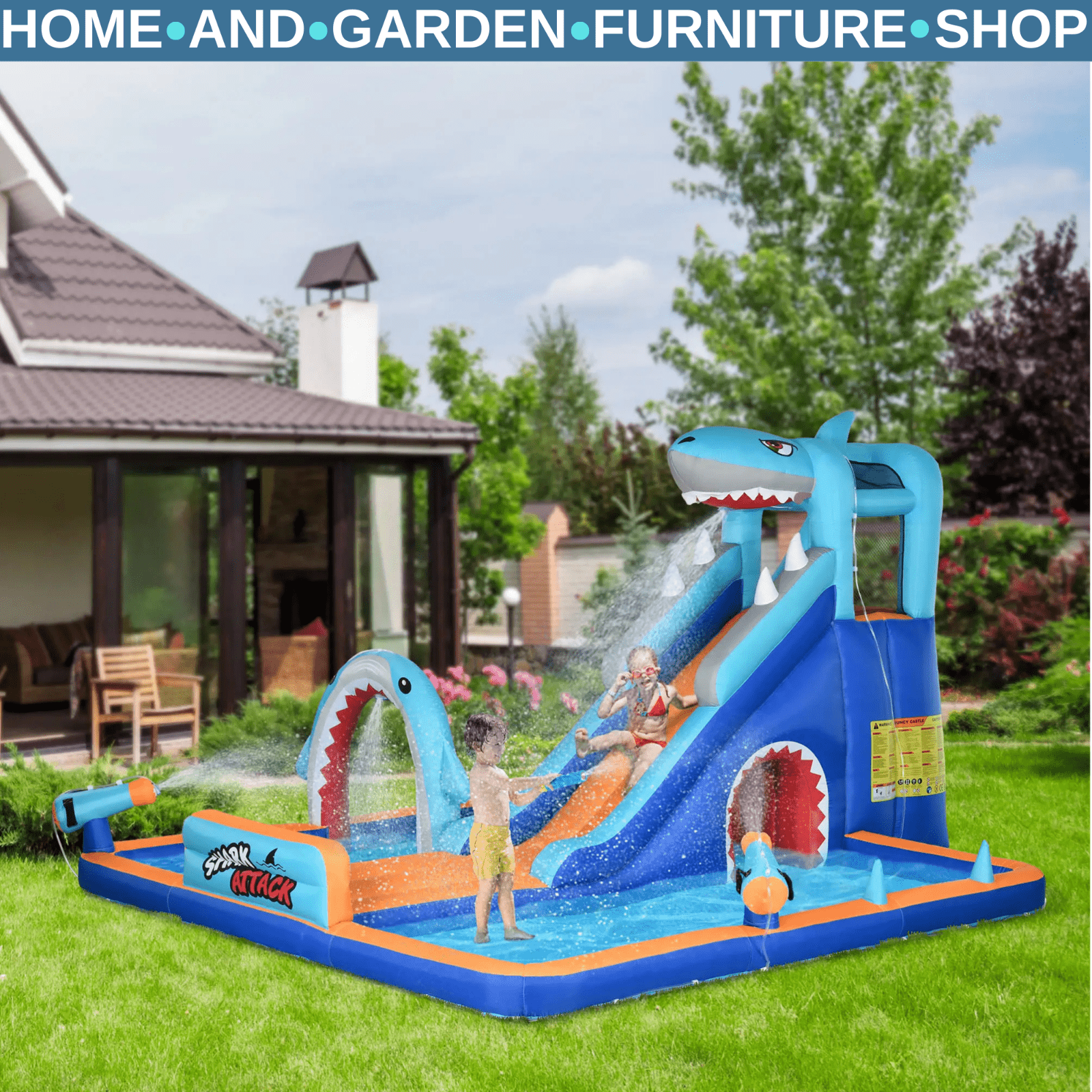 6 in 1 Shark Themed Bouncy Castle Inflatable Water Park with Slide Pool Ages 3–8 - Home and Garden Furniture Shop - rustic - furniture