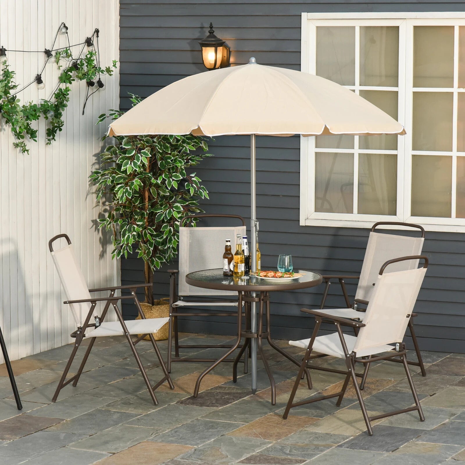 6 Piece Garden Furniture Set Folding Chairs Table and Parasol for Patio Cream - Home and Garden Furniture Shop - rustic - furniture