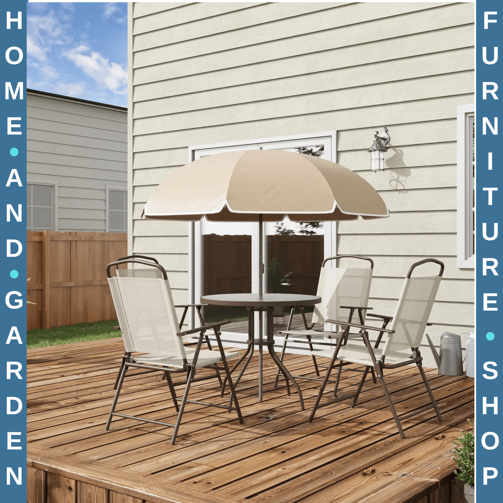 6 Piece Garden Furniture Set Folding Chairs Table and Parasol for Patio Cream - Home and Garden Furniture Shop - rustic - furniture