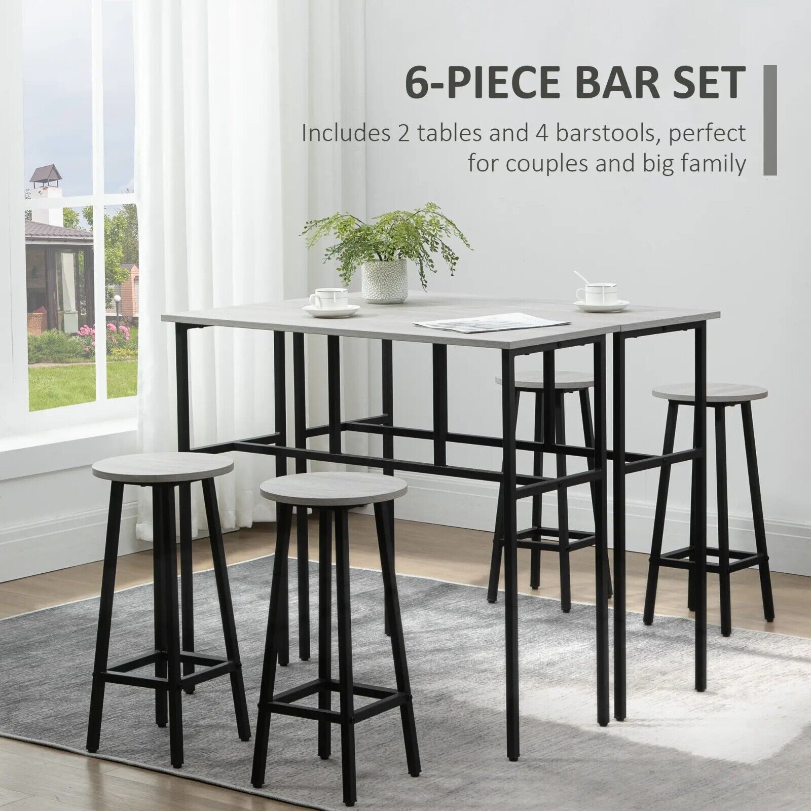 6 Piece Industrial Bar Table Set 2 Kitchen Breakfast Table 4 Stools Grey Compact - Home and Garden Furniture Shop - #rustic - furniture#