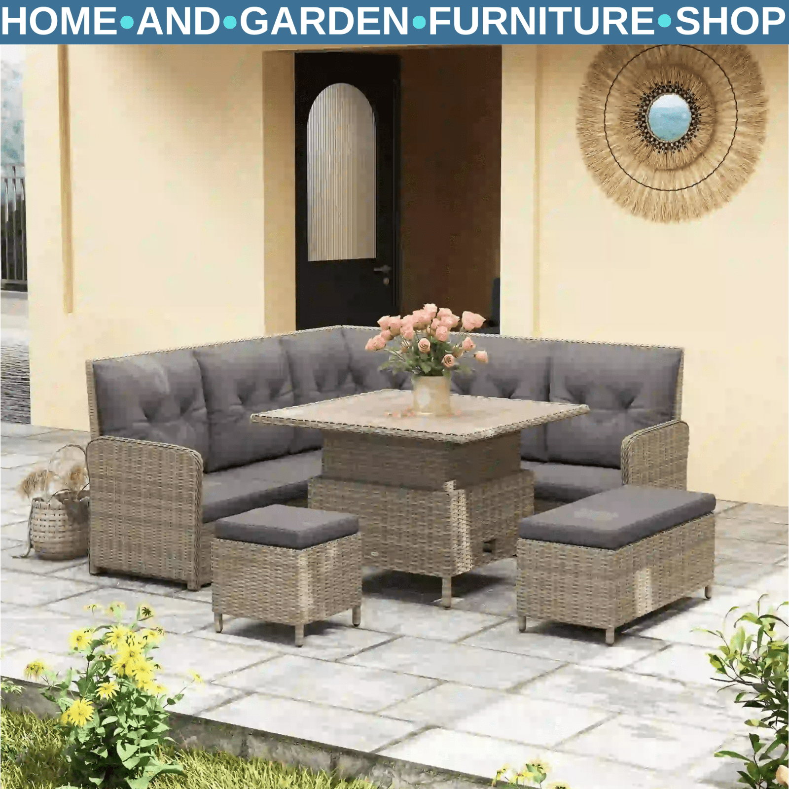 6 - Piece Rattan Garden Furniture Set Sectional Corner Sofa w/Cushions Soft Padded - Home and Garden Furniture Shop - rustic - furniture