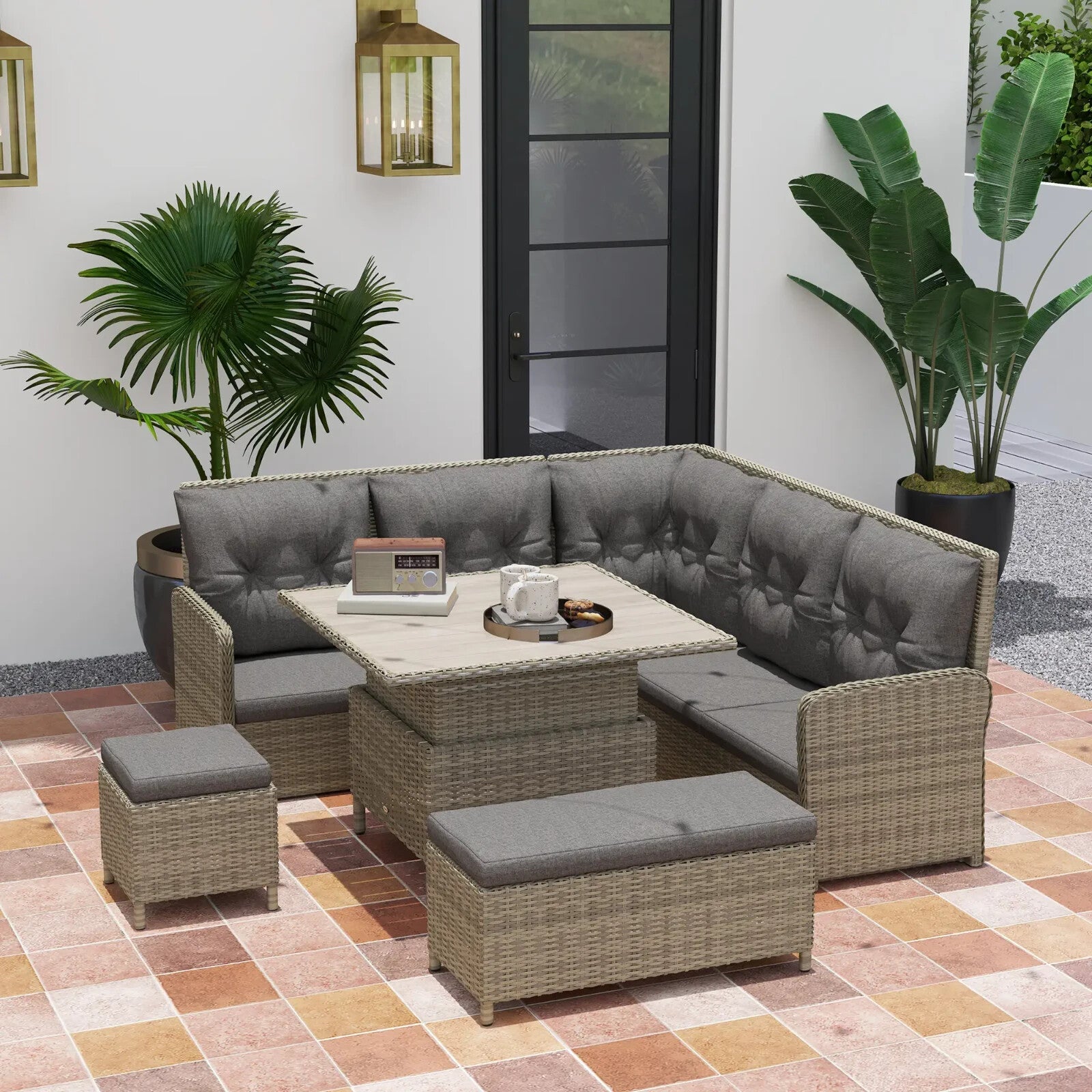 6 - Piece Rattan Garden Furniture Set Sectional Corner Sofa w/Cushions Soft Padded - Home and Garden Furniture Shop - rustic - furniture