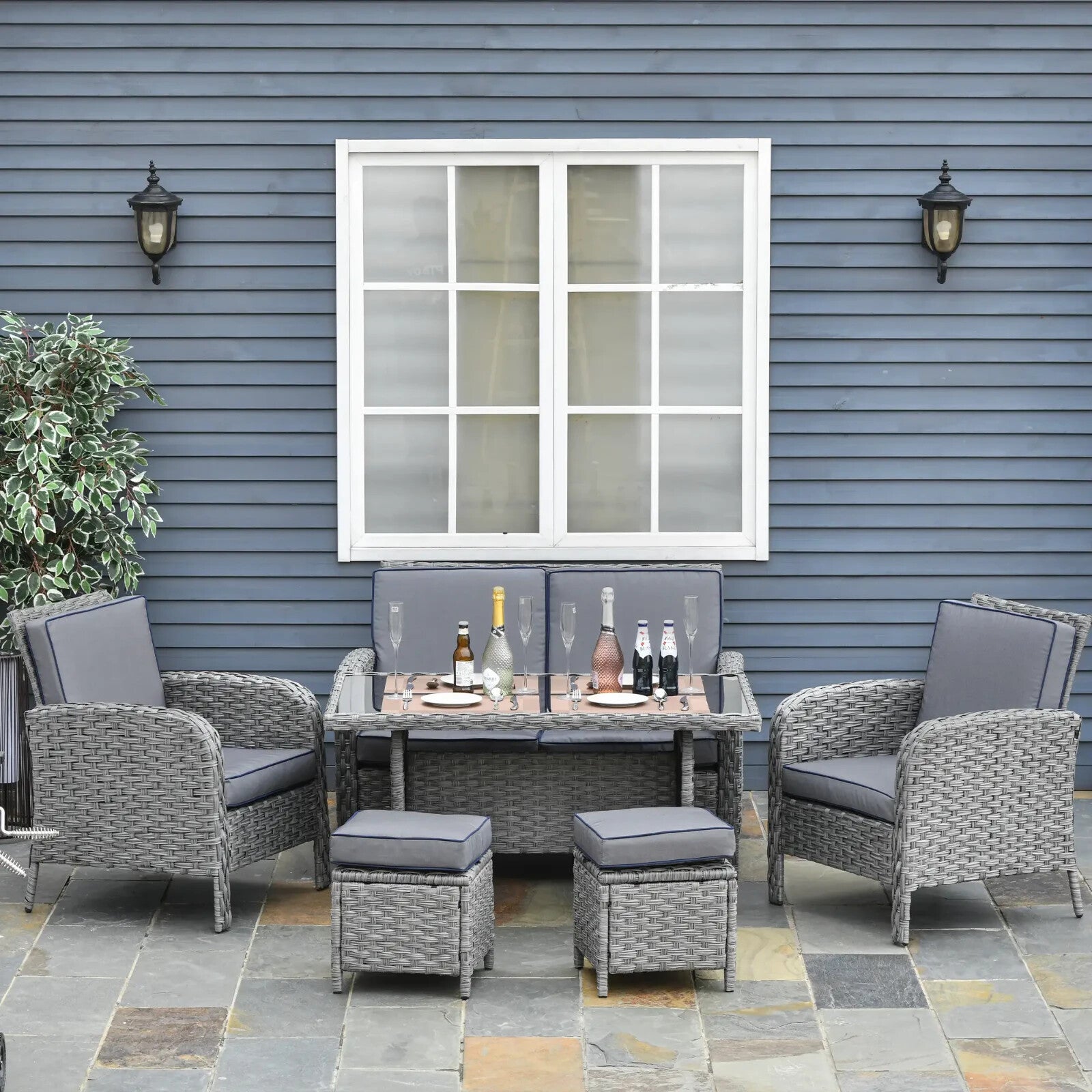 6 Piece Rattan Garden Furniture Set w/ Dining Table Sofa & All - Weather Cushions - Home and Garden Furniture Shop - rustic - furniture