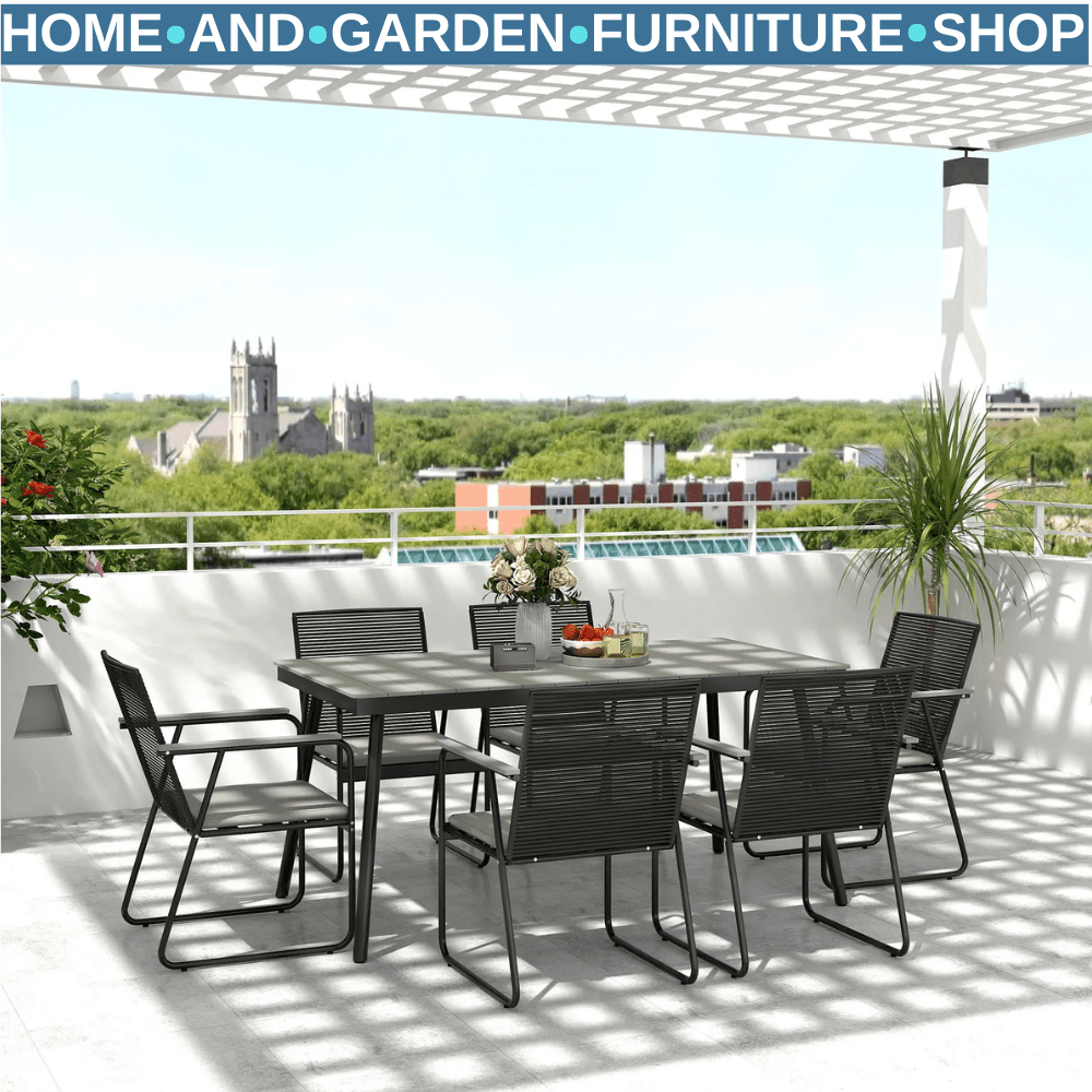 6 Seater Garden Dining Set Soft Cushions Rattan Backrest Outdoor Furniture Grey - Home and Garden Furniture Shop - rustic - furniture