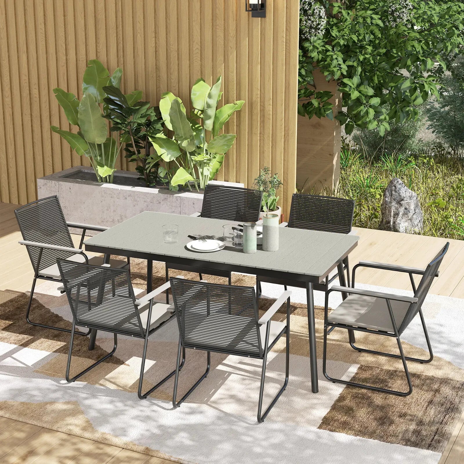 6 Seater Garden Dining Set Soft Cushions Rattan Backrest Outdoor Furniture Grey - Home and Garden Furniture Shop - rustic - furniture