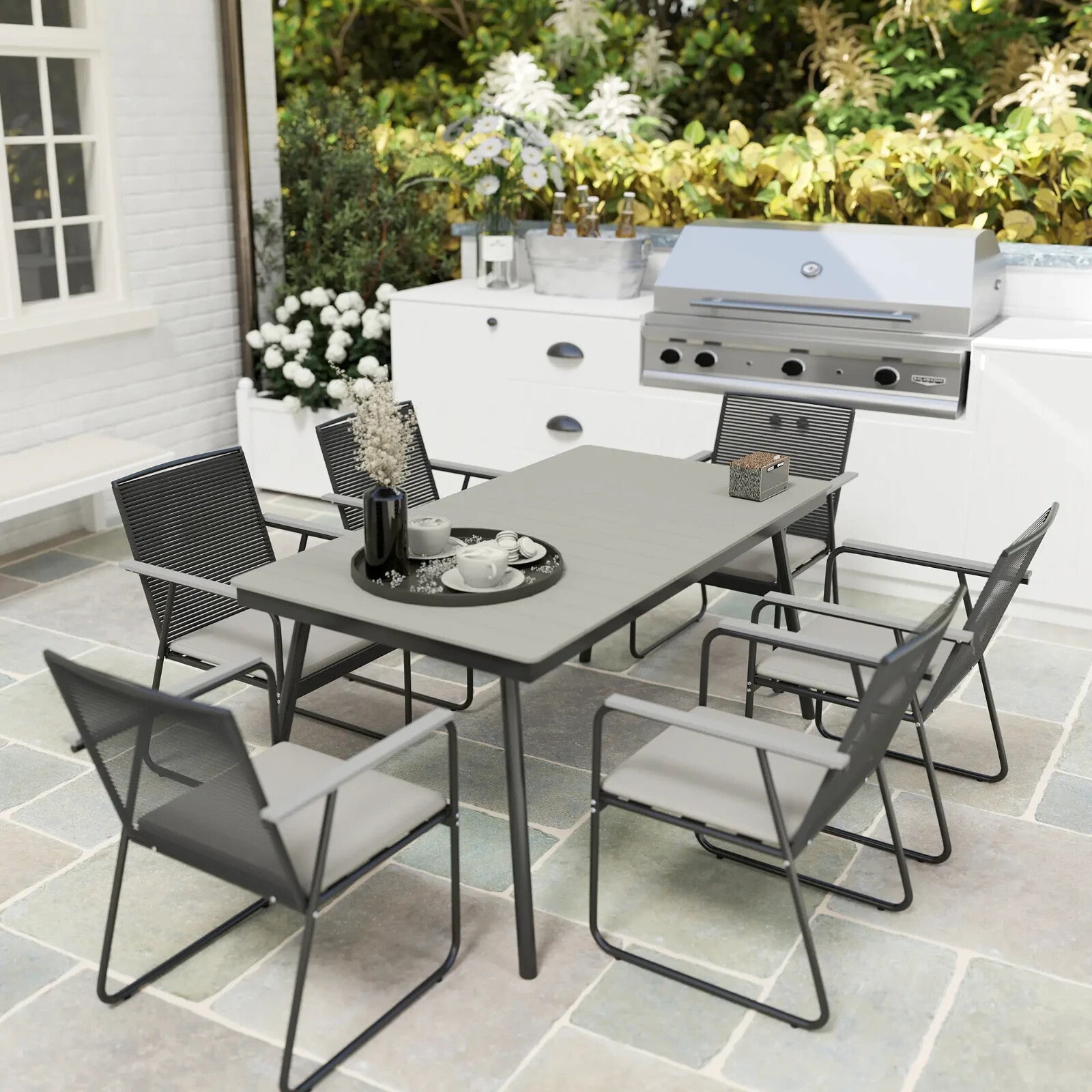 6 Seater Garden Dining Set Soft Cushions Rattan Backrest Outdoor Furniture Grey - Home and Garden Furniture Shop - rustic - furniture