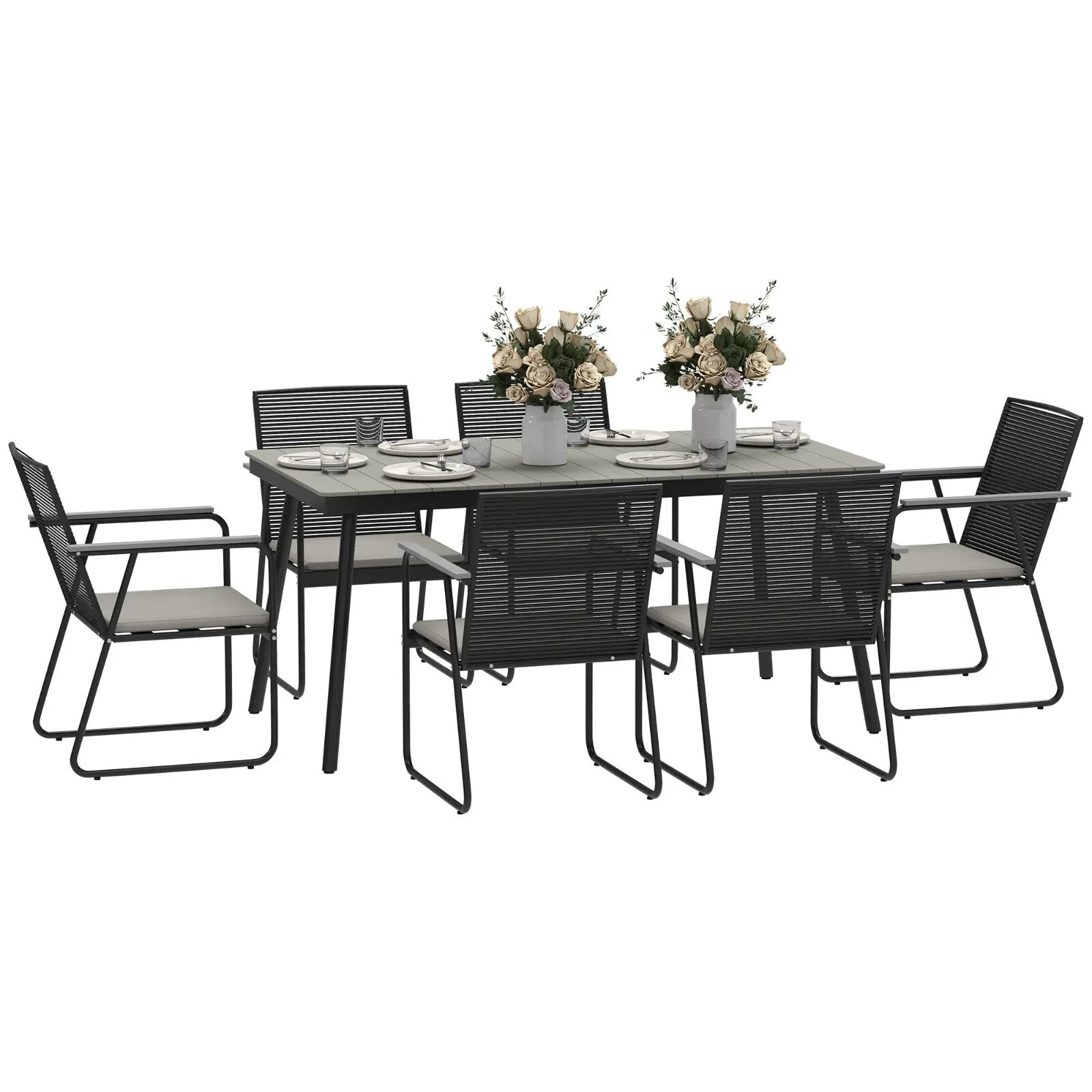 6 Seater Garden Dining Set Soft Cushions Rattan Backrest Outdoor Furniture Grey - Home and Garden Furniture Shop - rustic - furniture