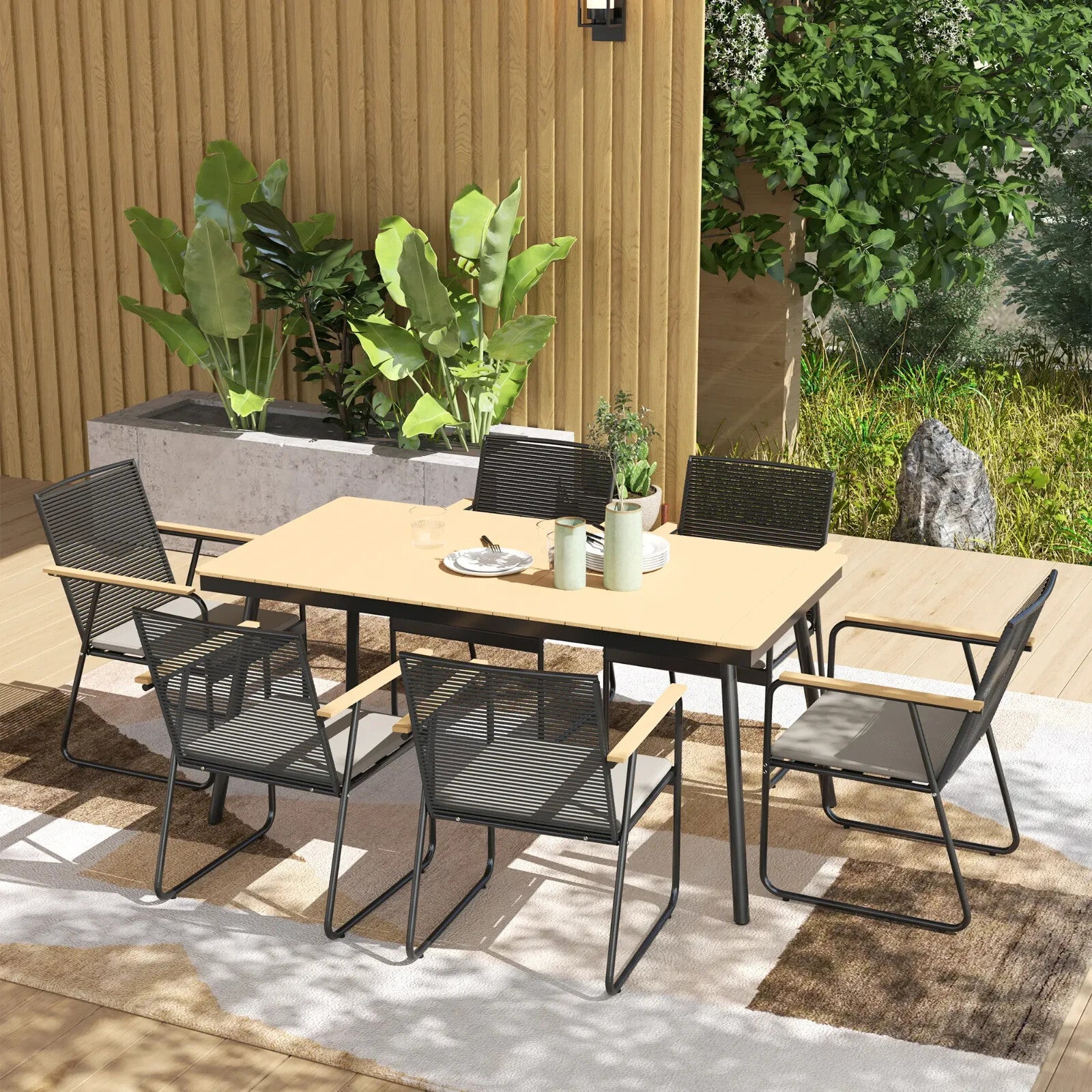 6 Seater Garden Dining Set with Cushions Rattan Backrest Outdoor Furniture Set - Home and Garden Furniture Shop - rustic - furniture