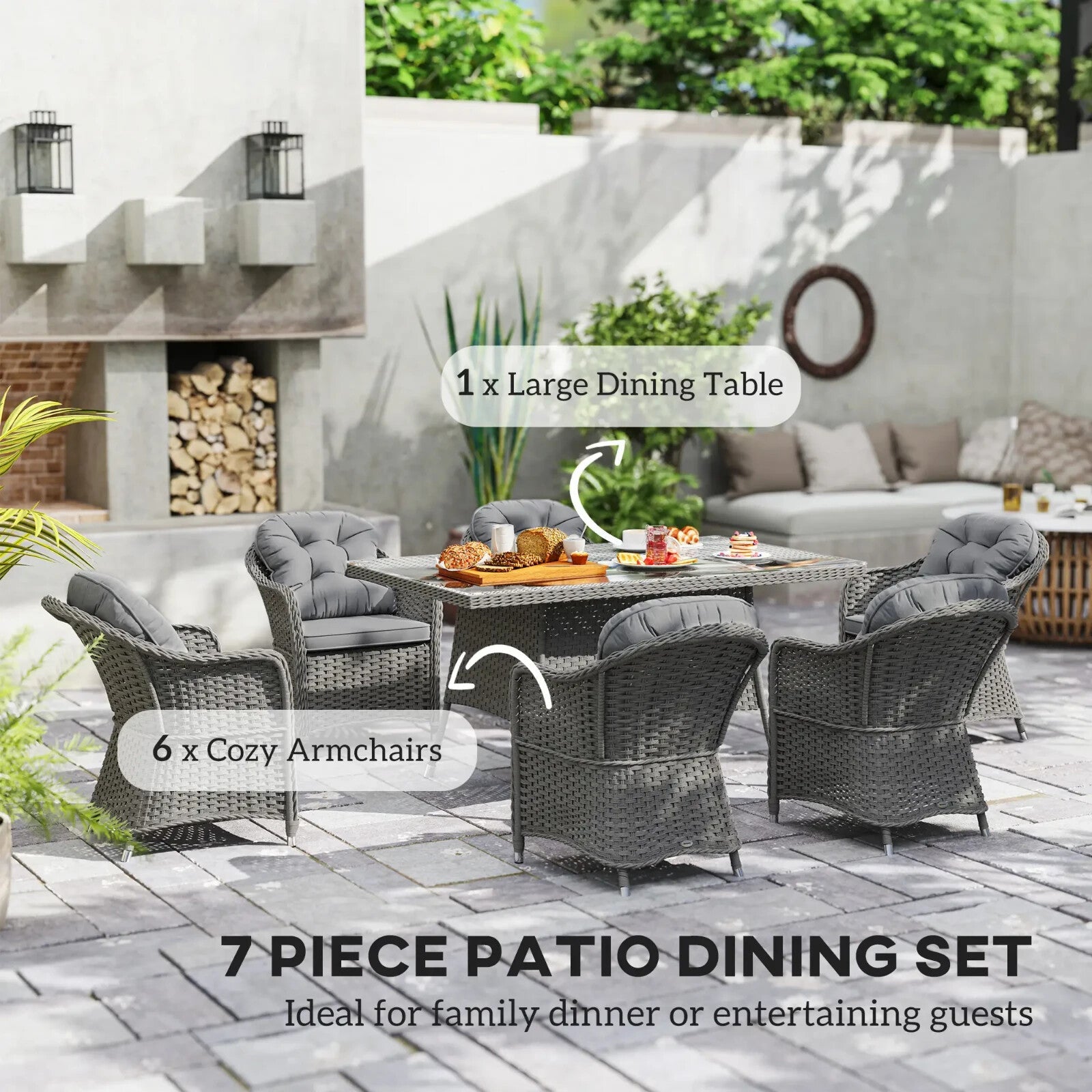 6 Seater Rattan Dining Set Outdoor Garden Furniture with Table and Back Cushions - Home and Garden Furniture Shop - rustic - furniture