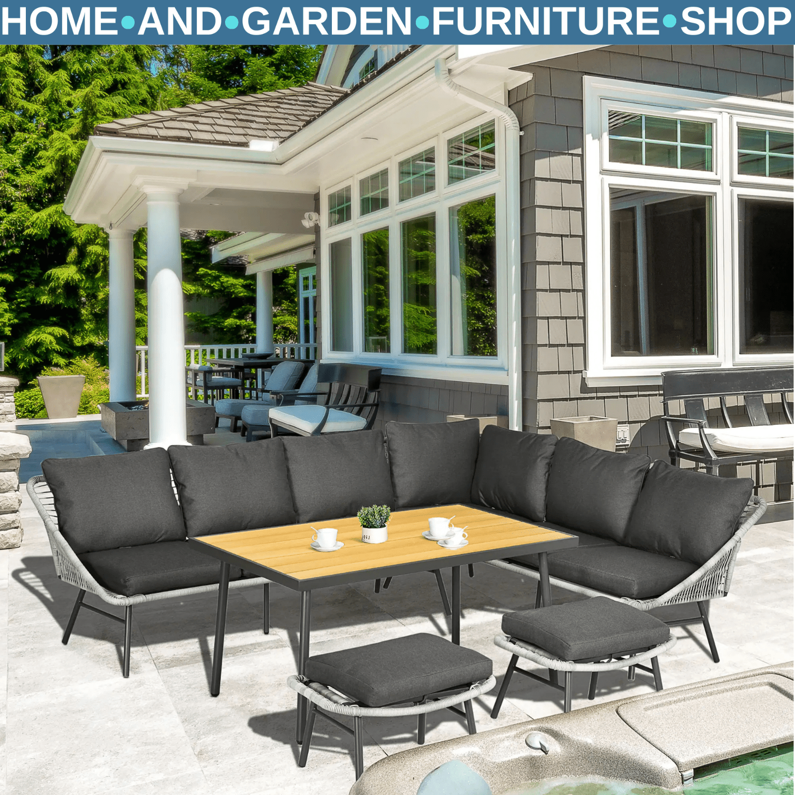 6 Seater Rattan Furniture Set w/ Sofa Footstool &Wood Plastic Coffee Table - Home and Garden Furniture Shop - rustic - furniture