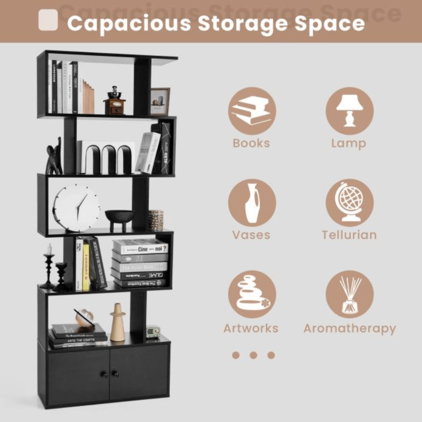 6 Tier Industrial S Shaped Bookcase with Cabinet Storage Bookshelf Display Unit - Home and Garden Furniture Shop - #rustic - furniture#