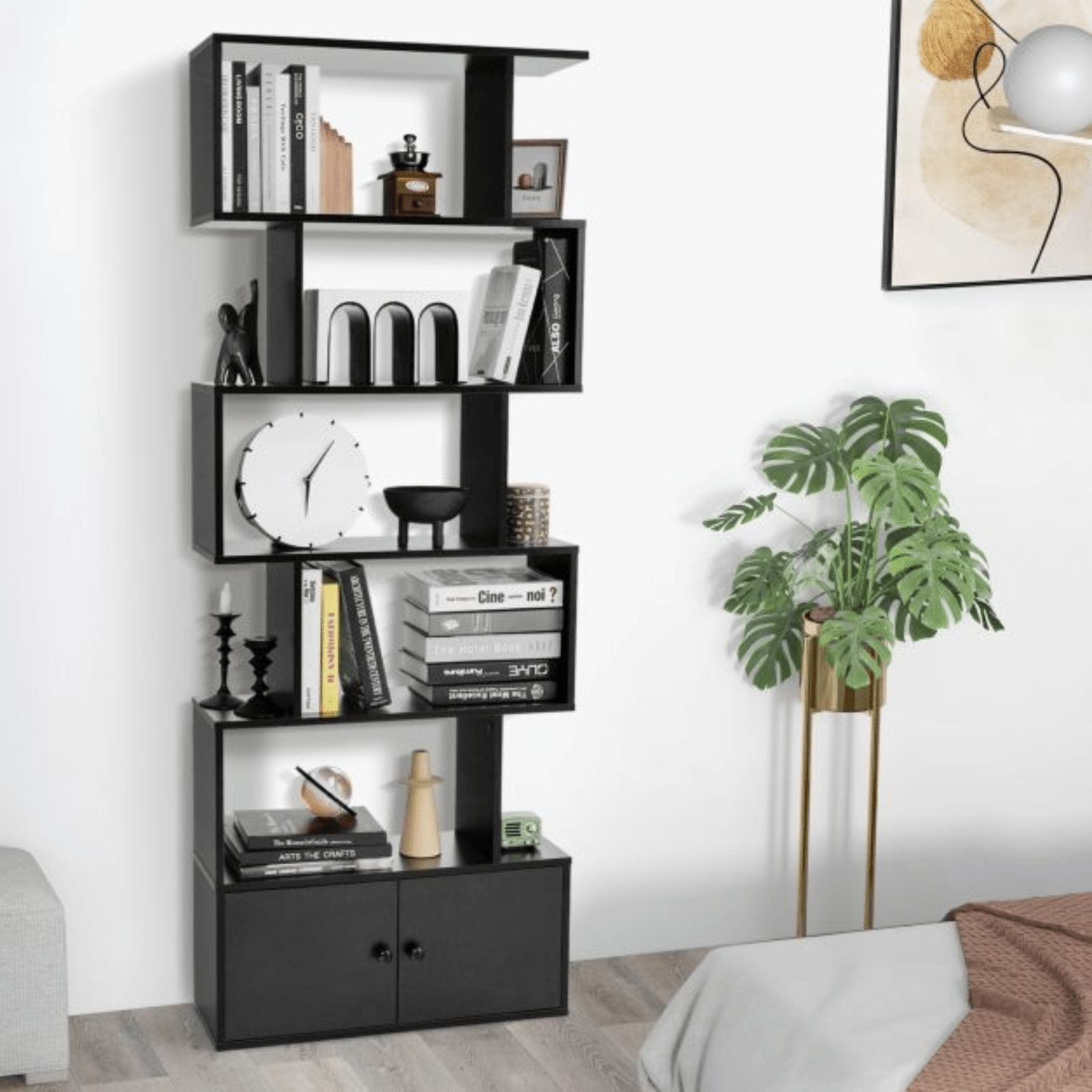 6 Tier Industrial S Shaped Bookcase with Cabinet Storage Bookshelf Display Unit - Home and Garden Furniture Shop - #rustic - furniture#