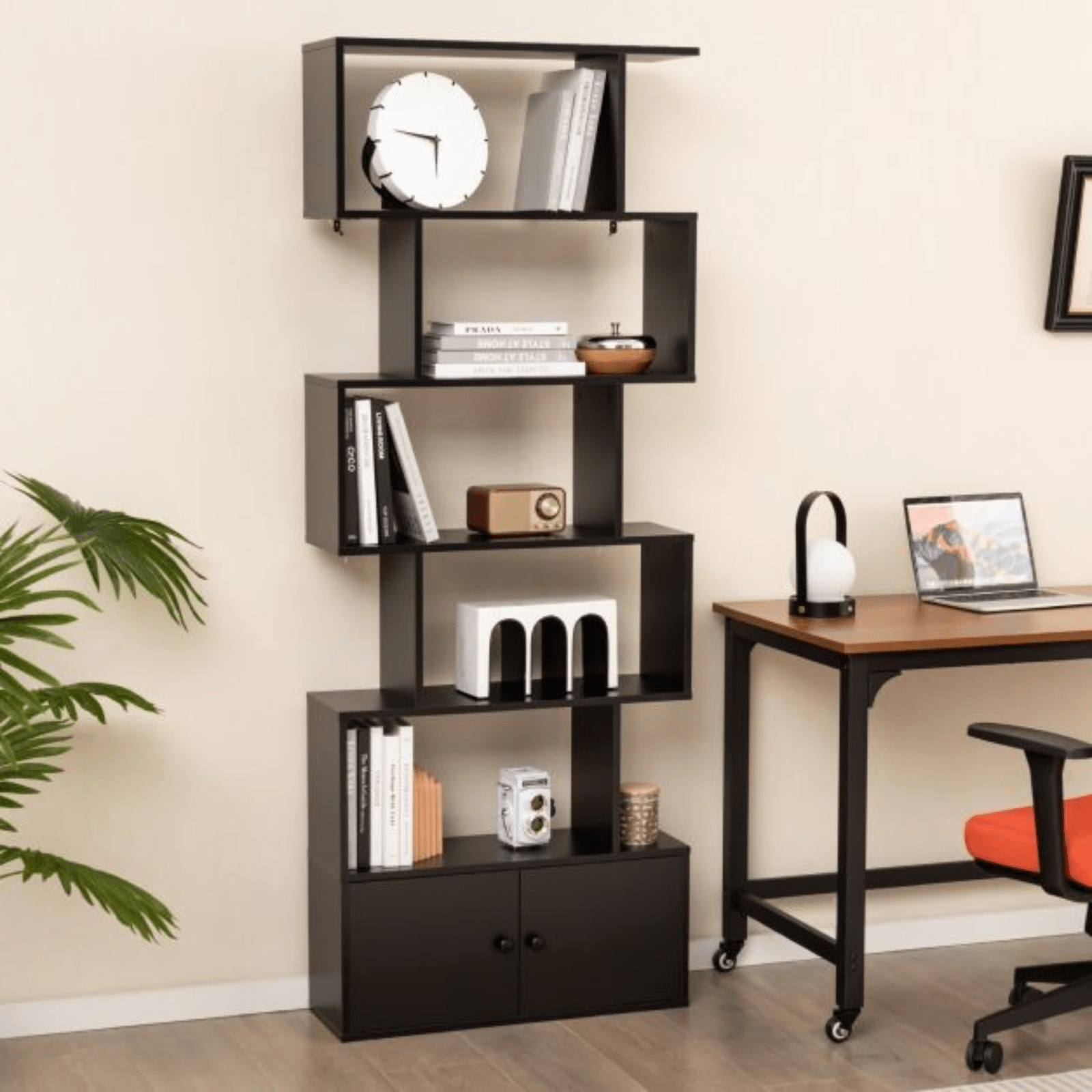 6 Tier Industrial S Shaped Bookcase with Cabinet Storage Bookshelf Display Unit - Home and Garden Furniture Shop - #rustic - furniture#