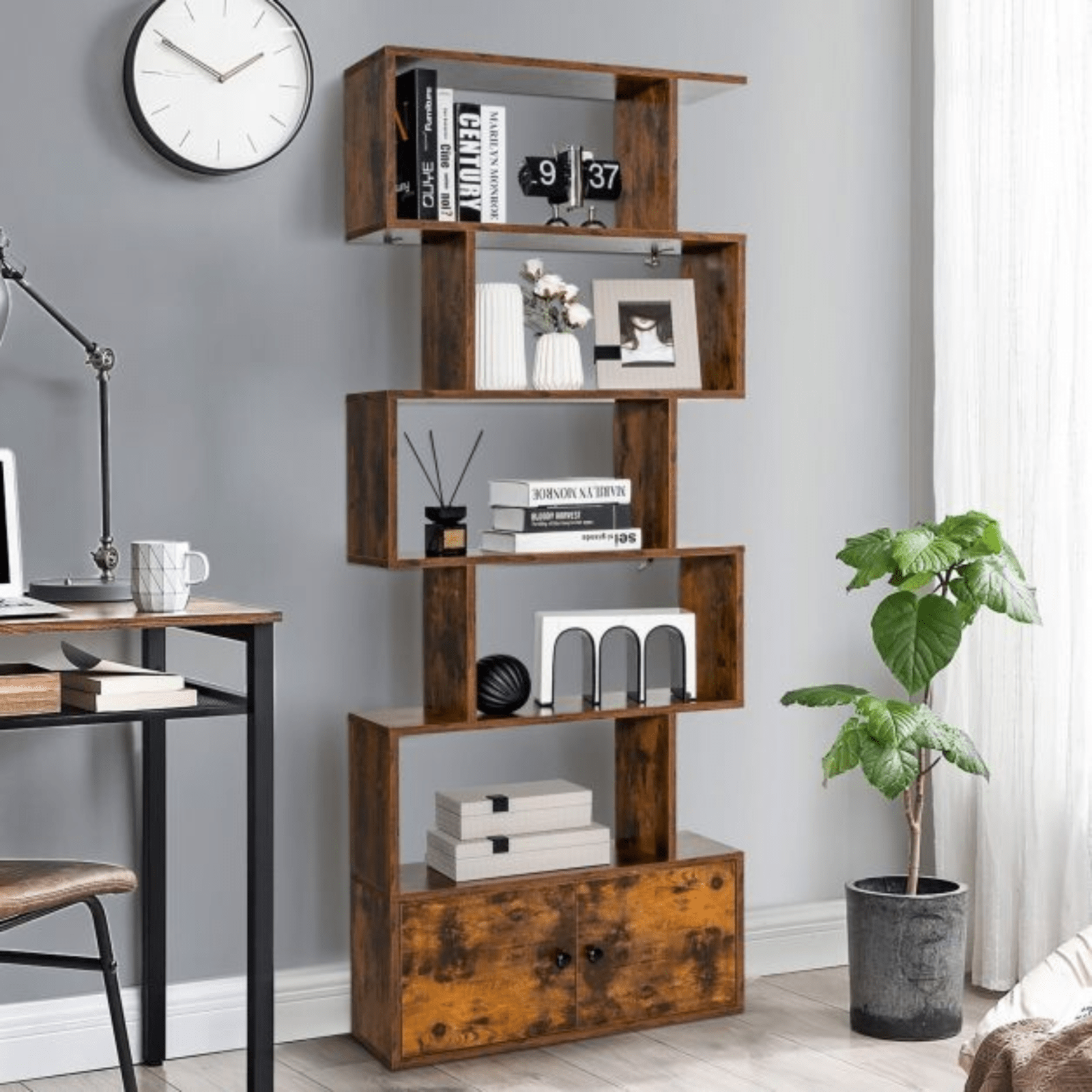 6 Tier Industrial S Shaped Bookcase with Cabinet Storage Bookshelf Display Unit - Home and Garden Furniture Shop - #rustic - furniture#