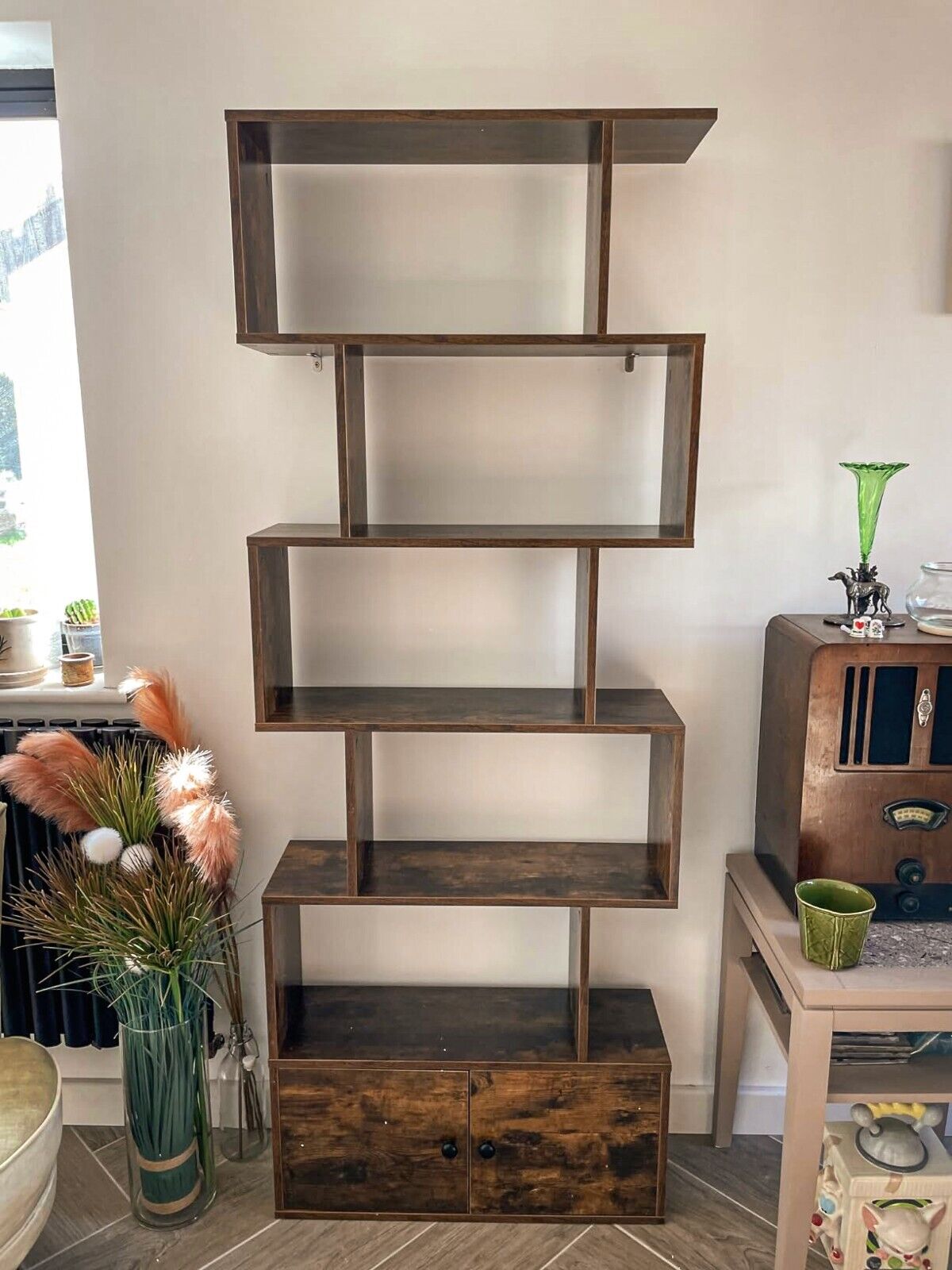 6 Tier Industrial S Shaped Bookcase with Cabinet Storage Bookshelf Display Unit - Home and Garden Furniture Shop - #rustic - furniture#