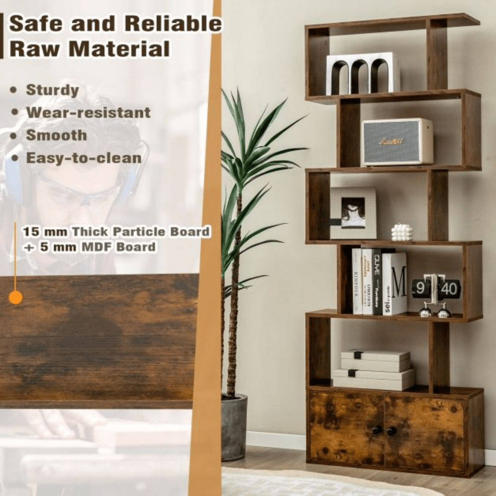 6 Tier Industrial S Shaped Bookcase with Cabinet Storage Bookshelf Display Unit - Home and Garden Furniture Shop - #rustic - furniture#