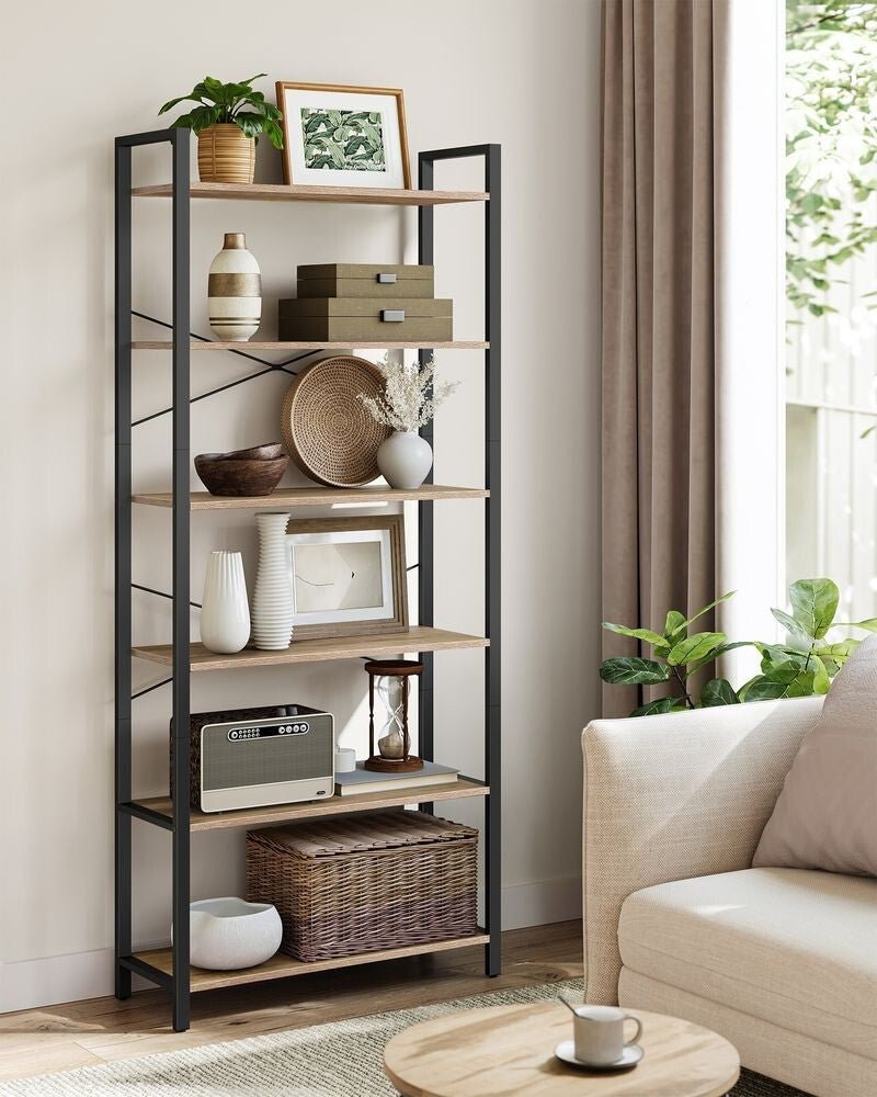 6 Tier Tall Bookshelf Large Bookcase Steel Frame Shelf Unit Industrial Tallboy - Home and Garden Furniture Shop - rustic - furniture
