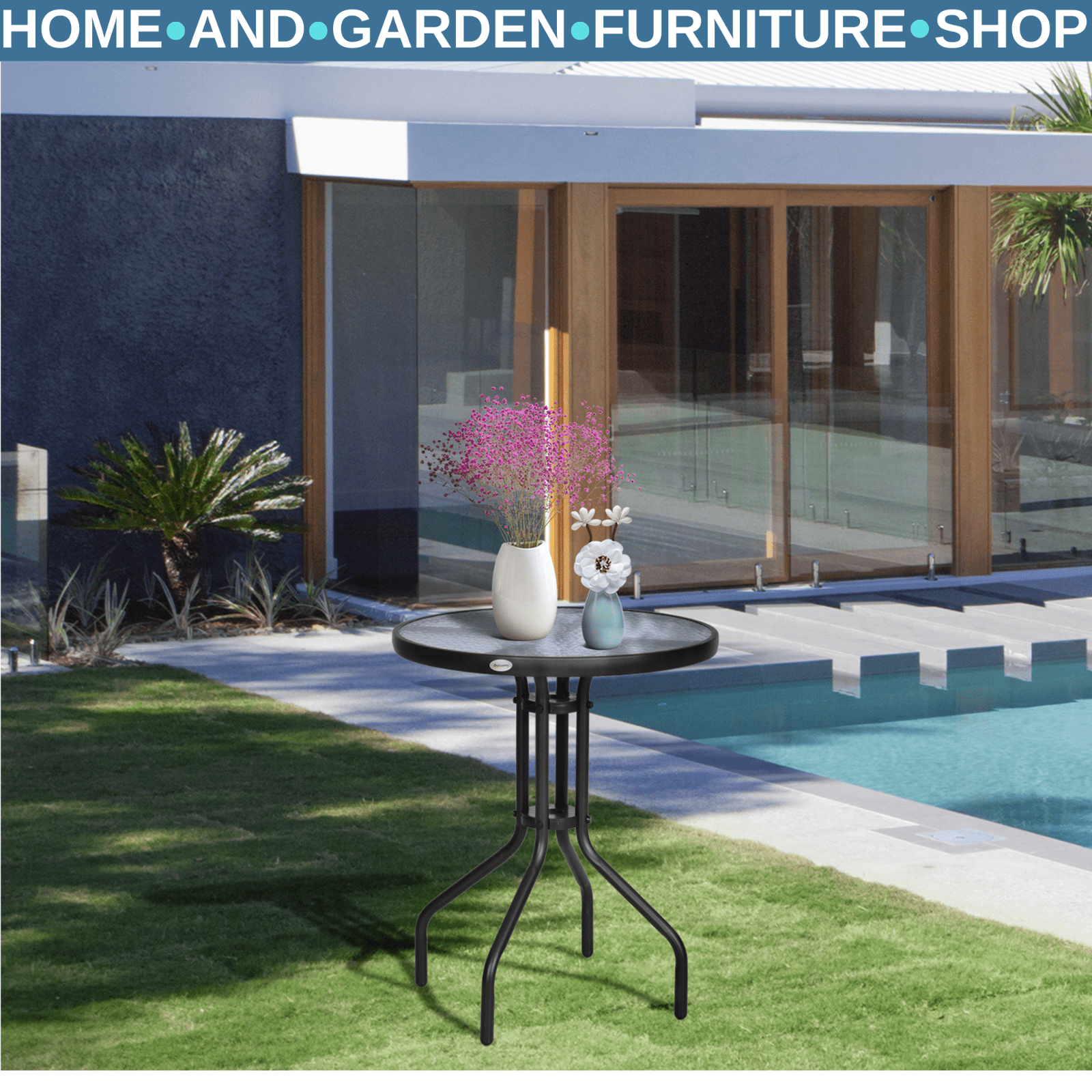 60cm Round Glass Garden Table Tempered Outdoor Side Table Small Patio Furniture - Home and Garden Furniture Shop - rustic - furniture