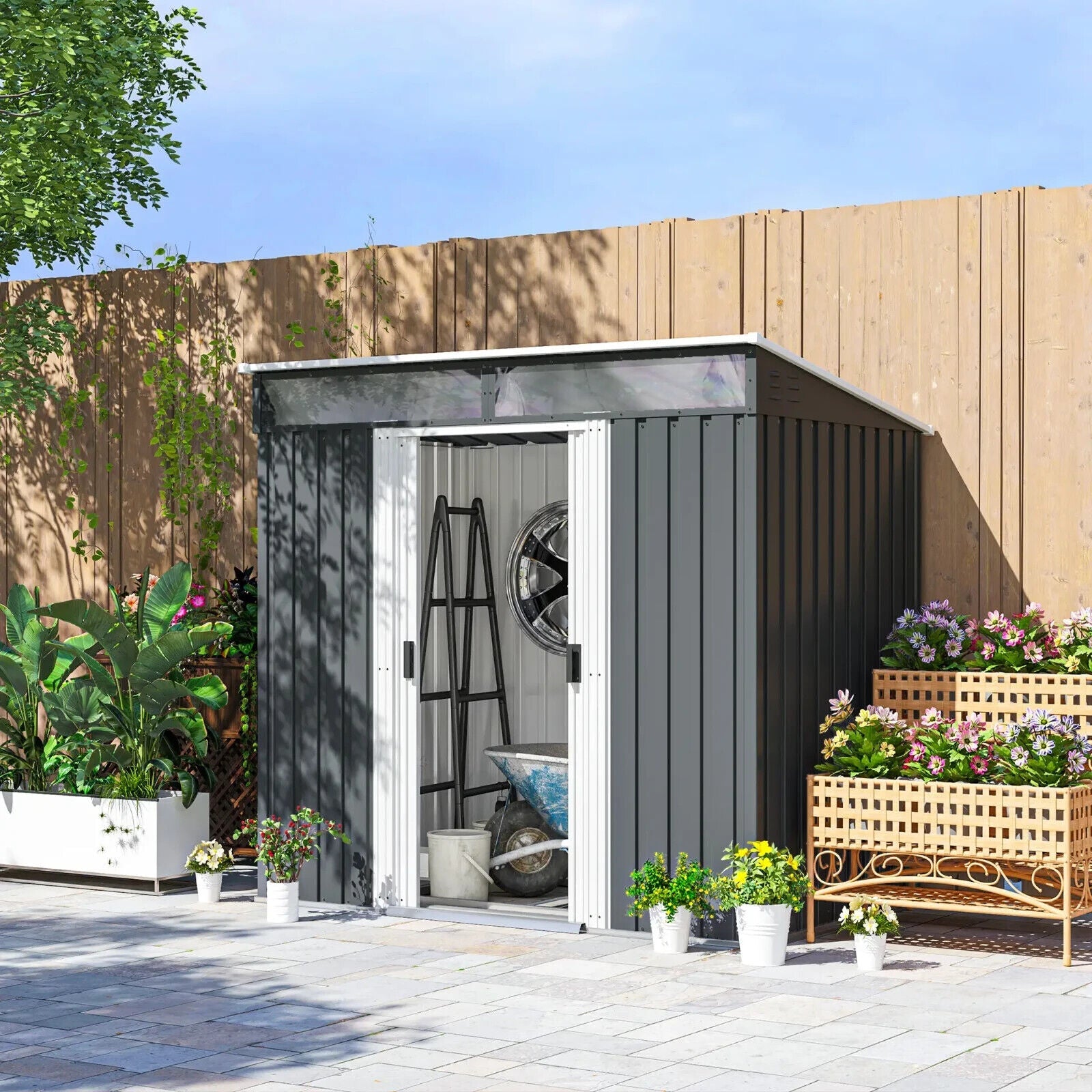 6.5x4ft Galvanised Metal Garden Shed w/ Foundation Double Sliding Doors Lockable - Home and Garden Furniture Shop - #rustic - furniture#