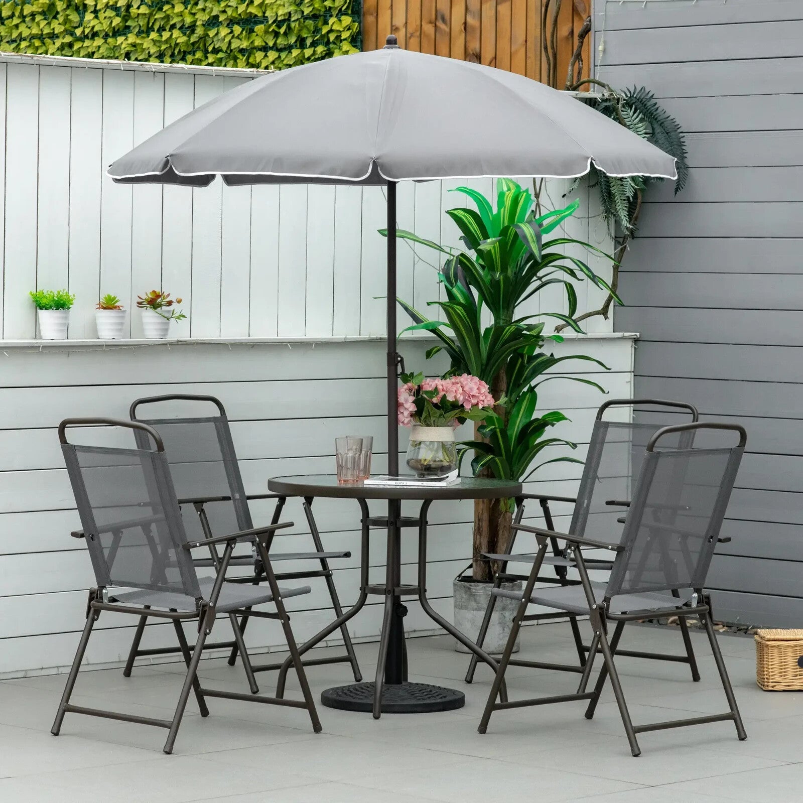 6PC Garden Bistro Dining Set Outdoor Furniture Folding Chairs Table Parasol Set - Home and Garden Furniture Shop - rustic - furniture